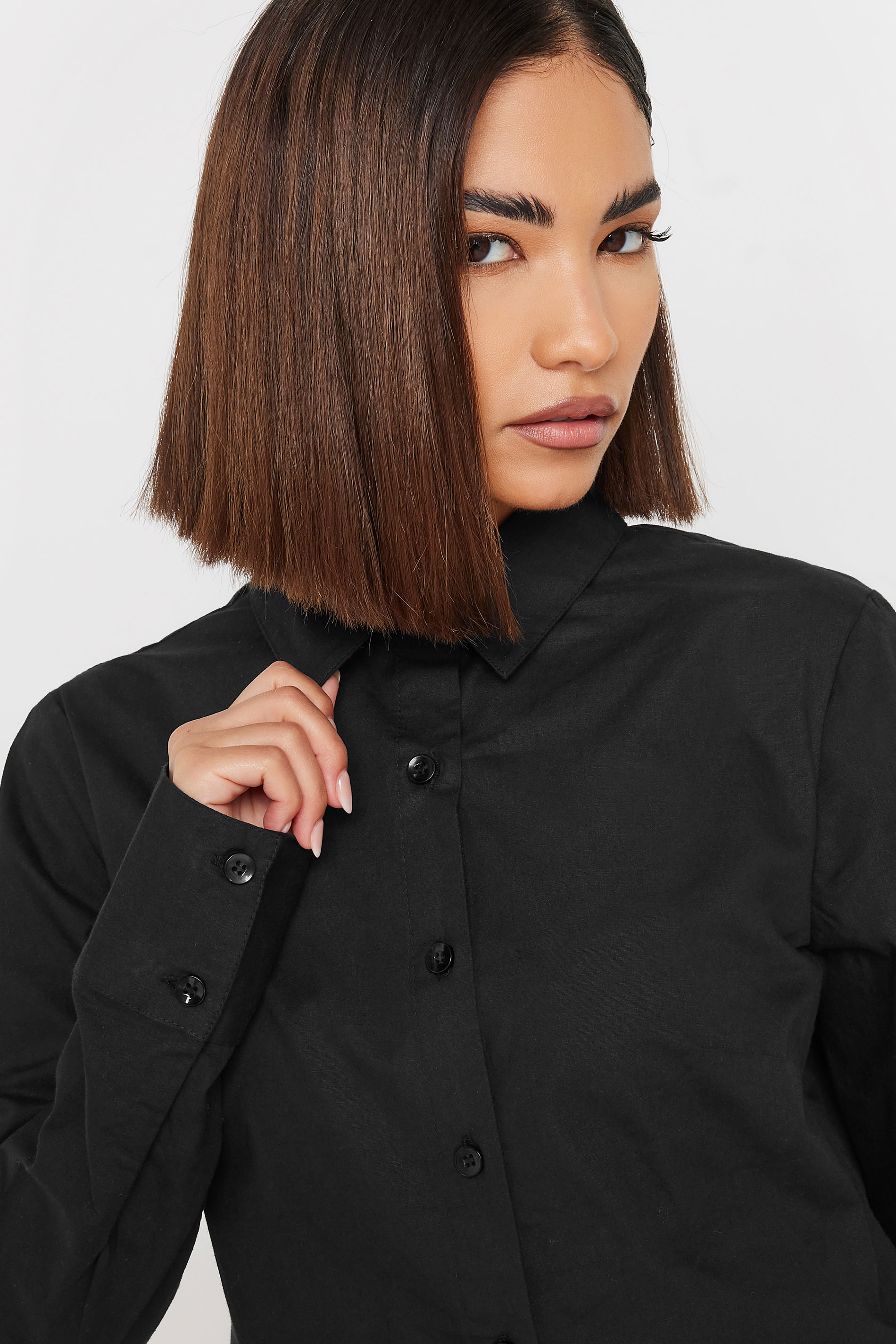 PixieGirl Petite Women's Black Long Sleeve Cotton Cropped Shirt | PixieGirl 5
