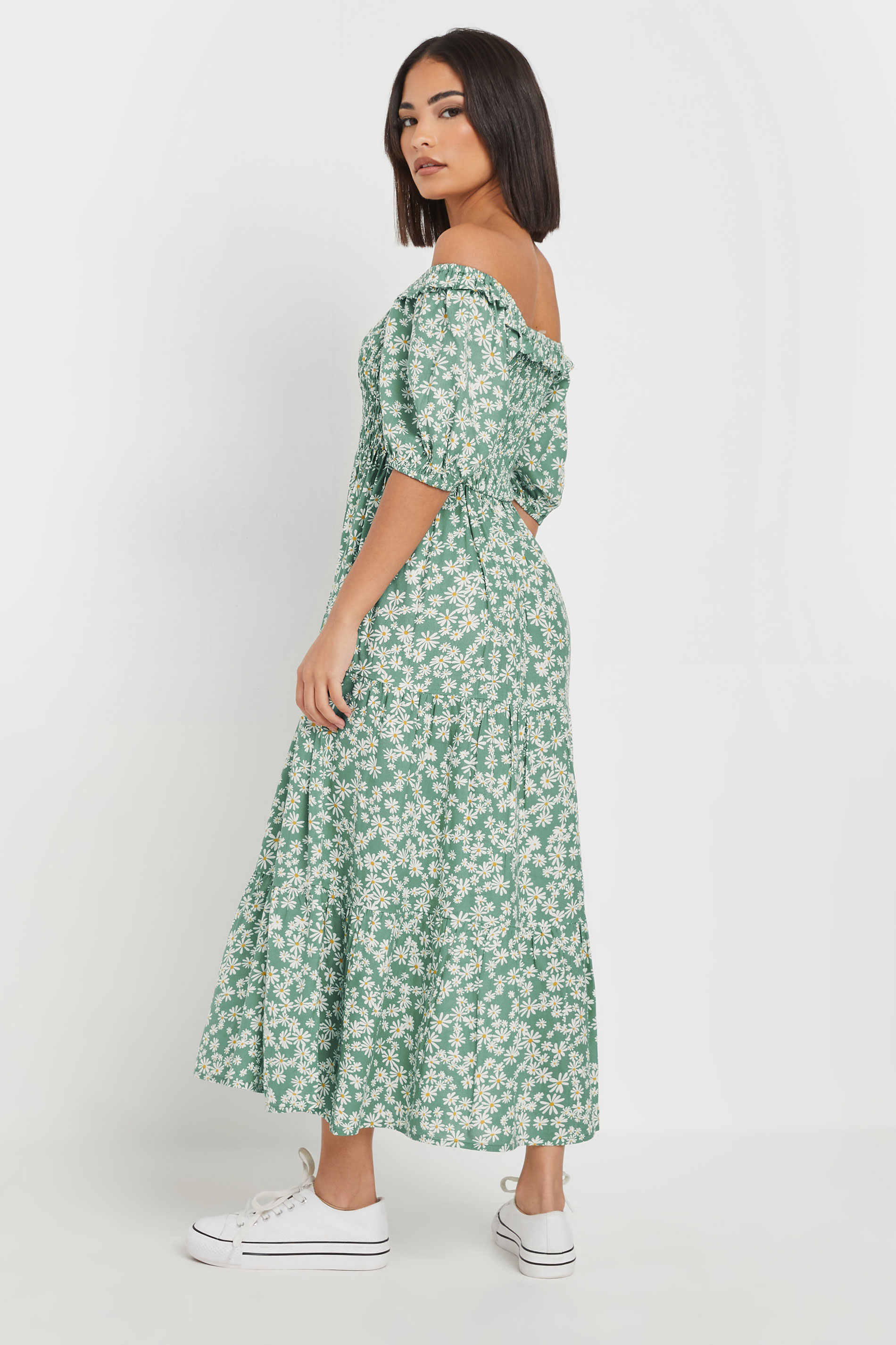 PixieGirl Petite Women's Green Daisy Tiered Bardot Dress | PixieGirl 2