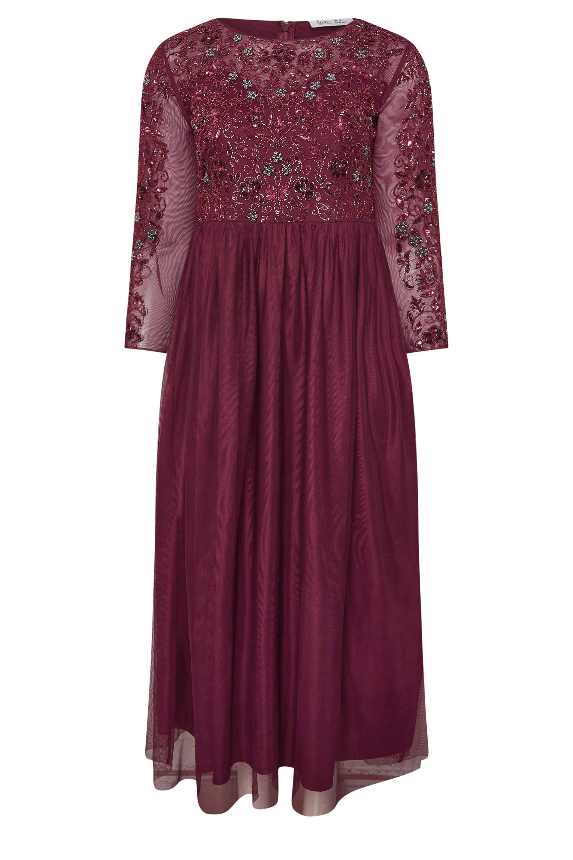 LUXE Plus Size Burgundy Red Sequin Floral Hand Embellished Maxi Dress | Yours Clothing 5