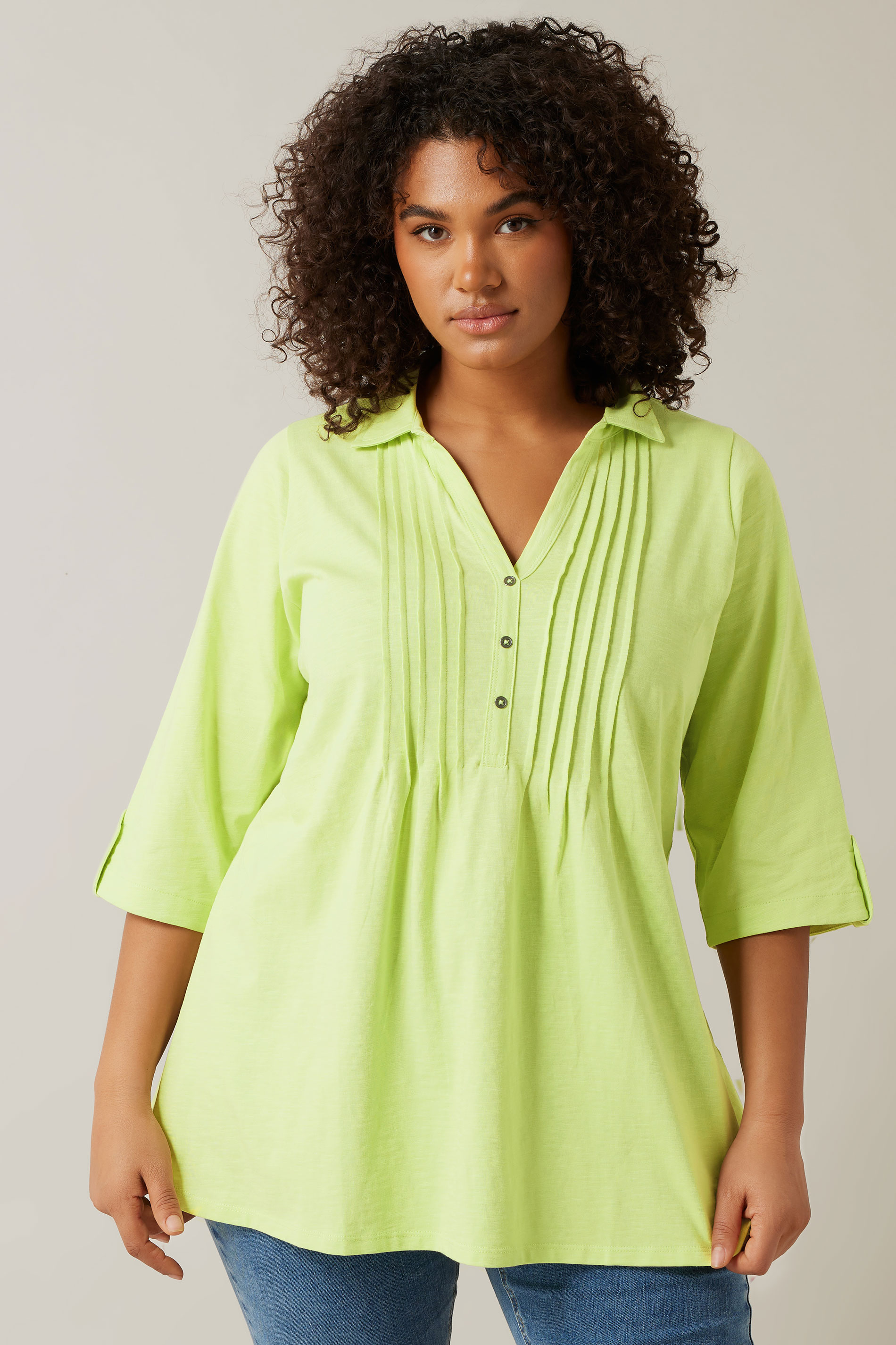 EVANS Plus Size Chartreuse Green Pintuck Henley Top | Evans 3