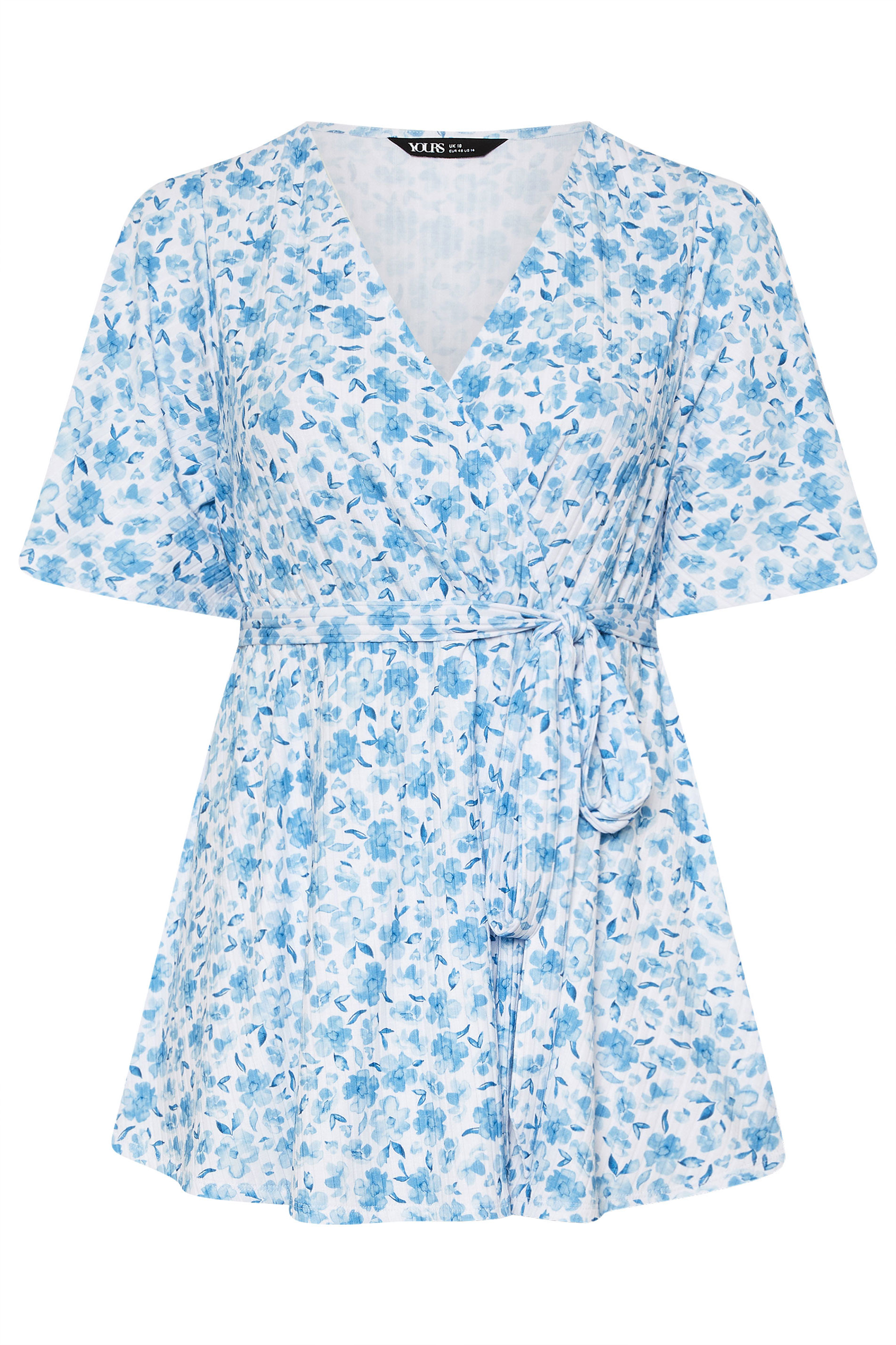 YOURS Plus Size Blue Floral Print Ribbed Wrap Top | Yours Clothing 5
