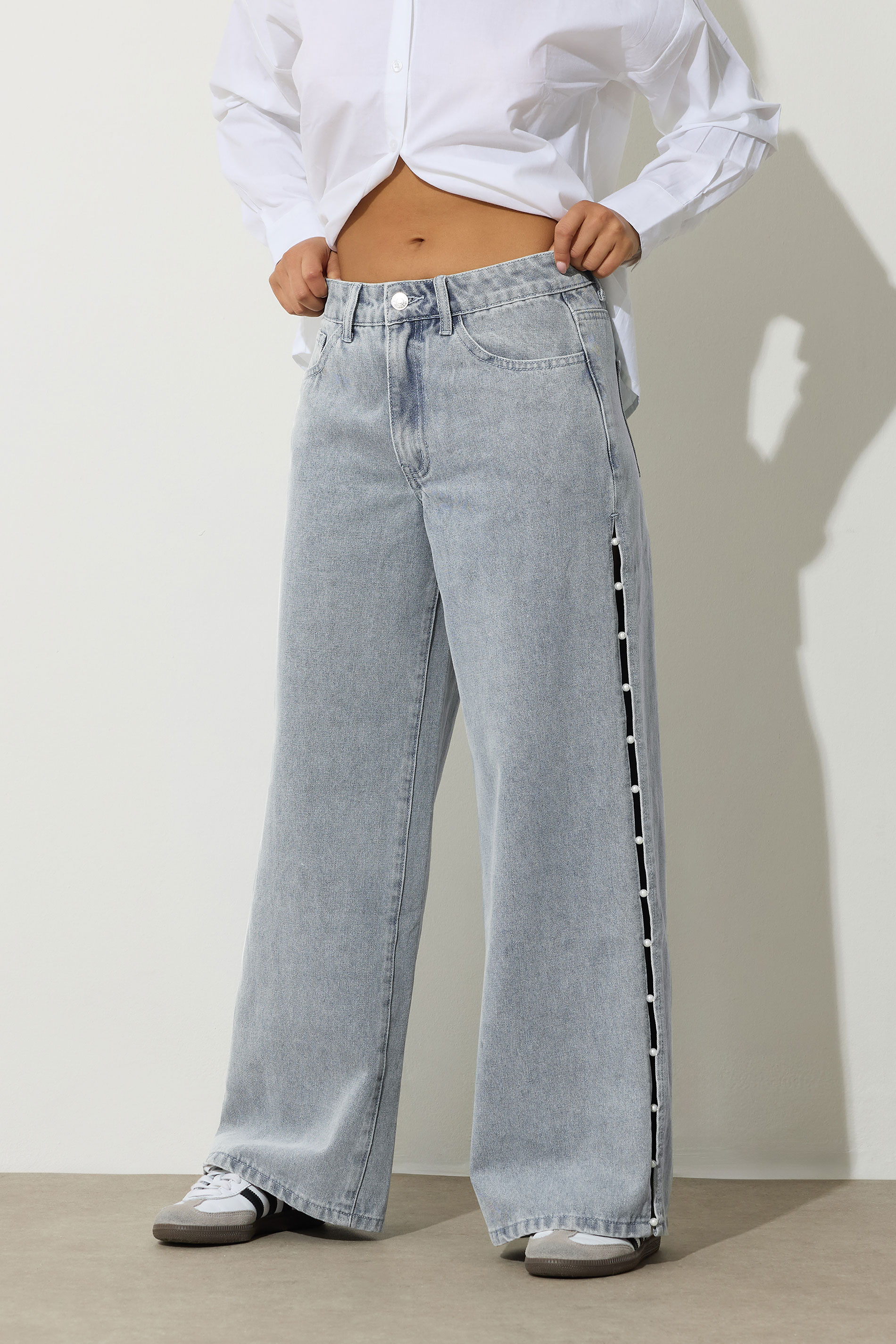 PixieGirl Petite Women's Light Blue Non-Stretch Pearl Detail Jeans | PixieGirl 1