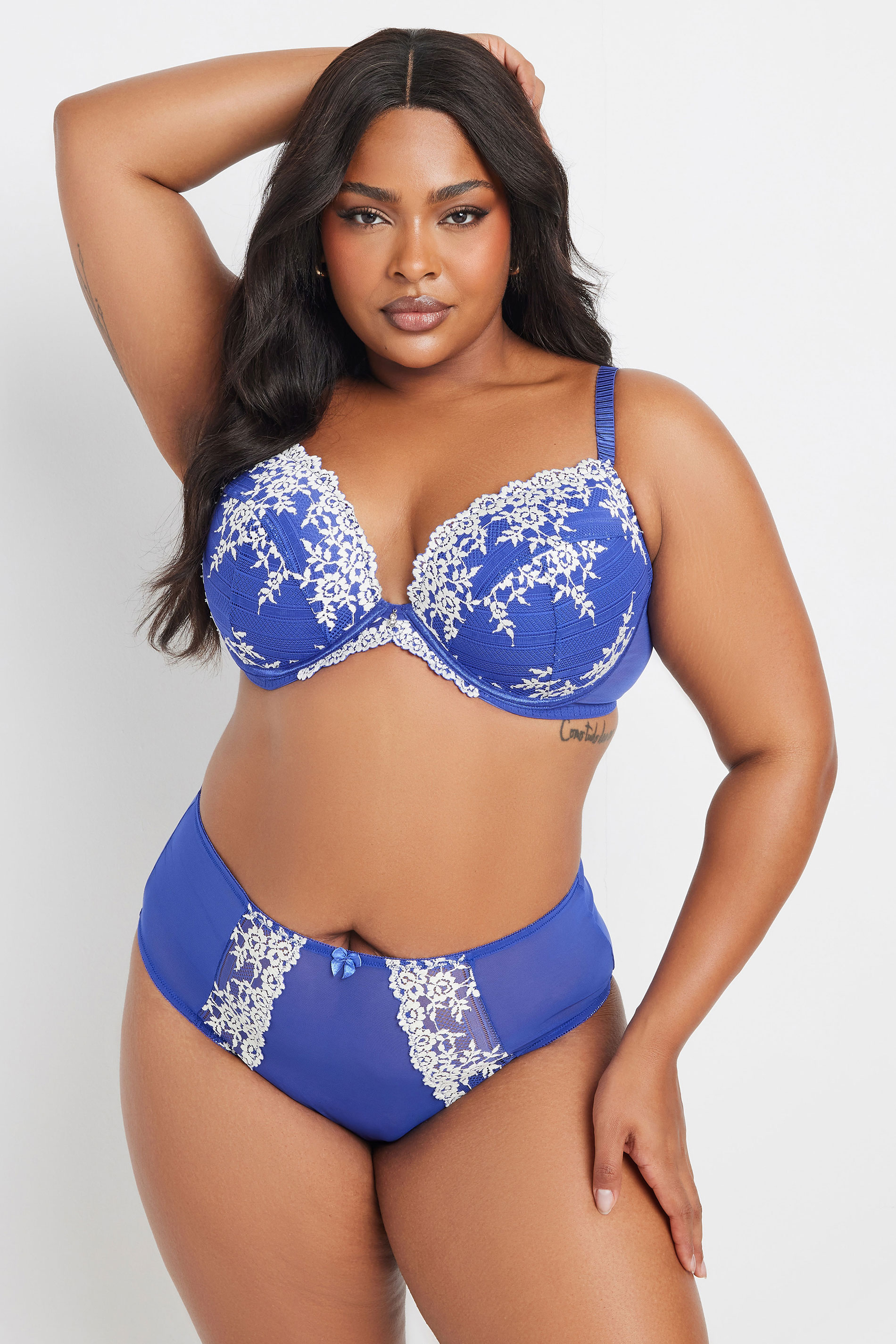 YOURS Plus Size Blue Floral Embroidered Plunge Bra | Yours Clothing 1