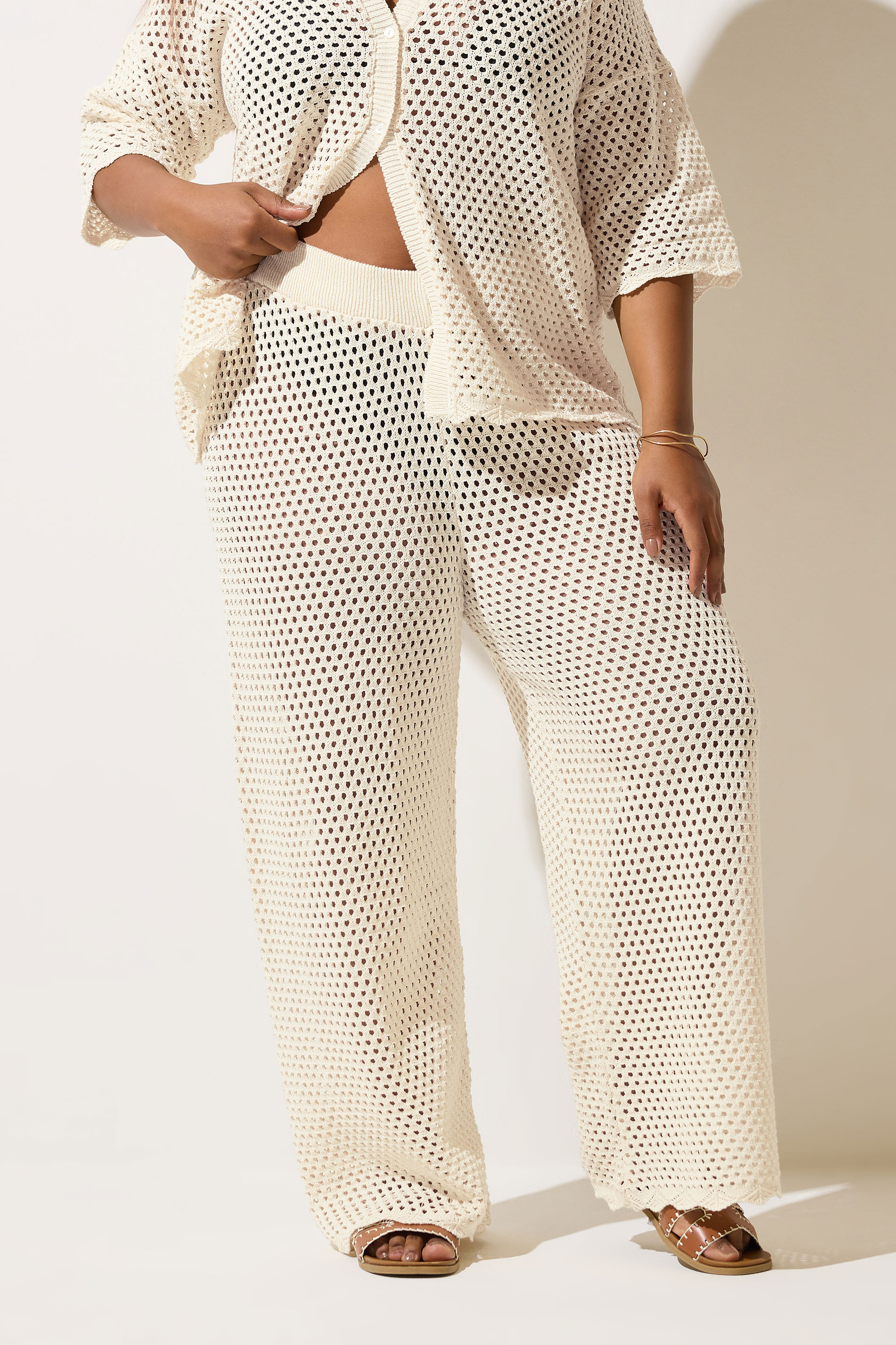 LIMITED COLLECTION Plus Size Cream Crochet Scallop Edge Trousers | Yours Clothing 1