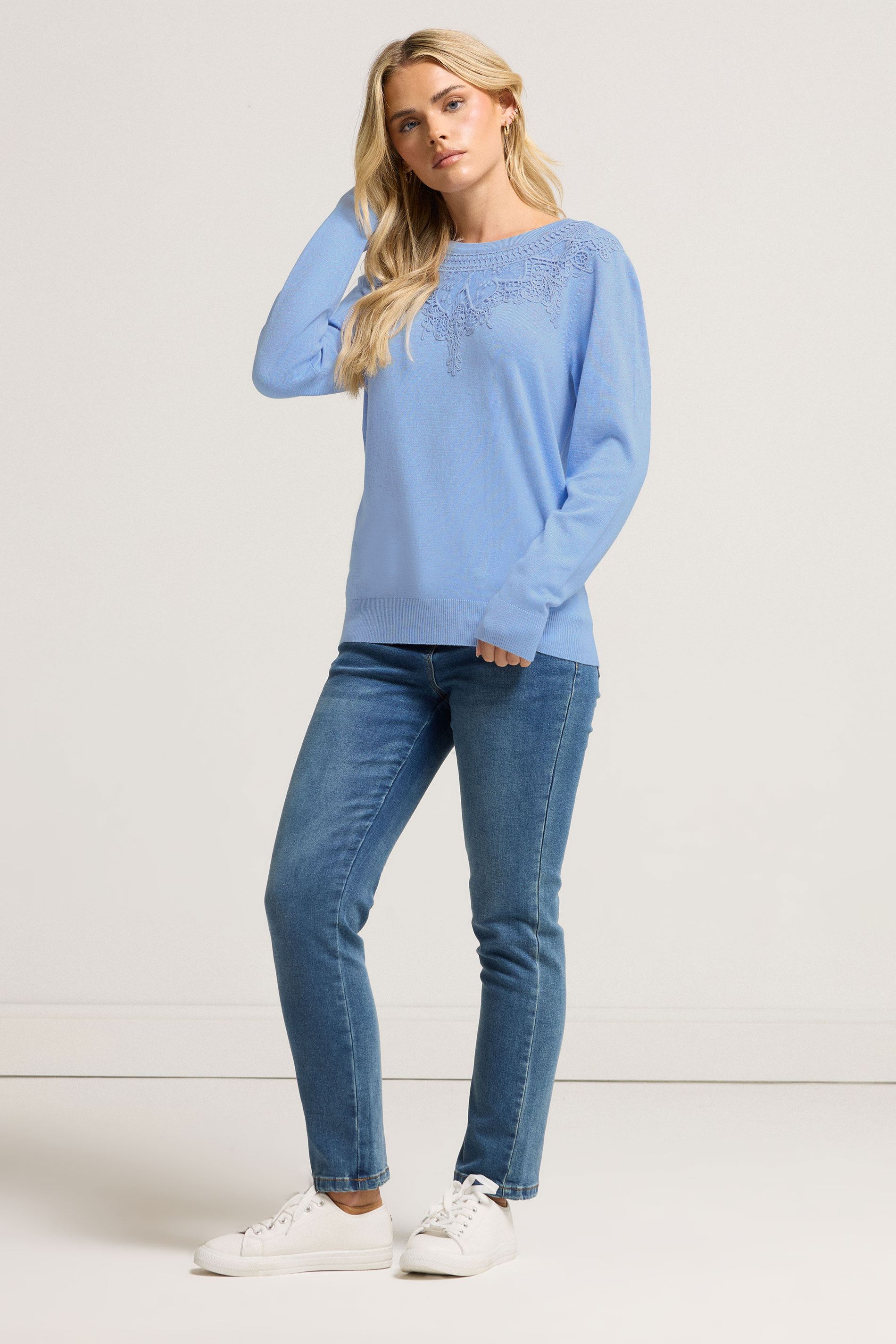 M&Co Petite Light Blue Lace Trim Jumper | M&Co 2