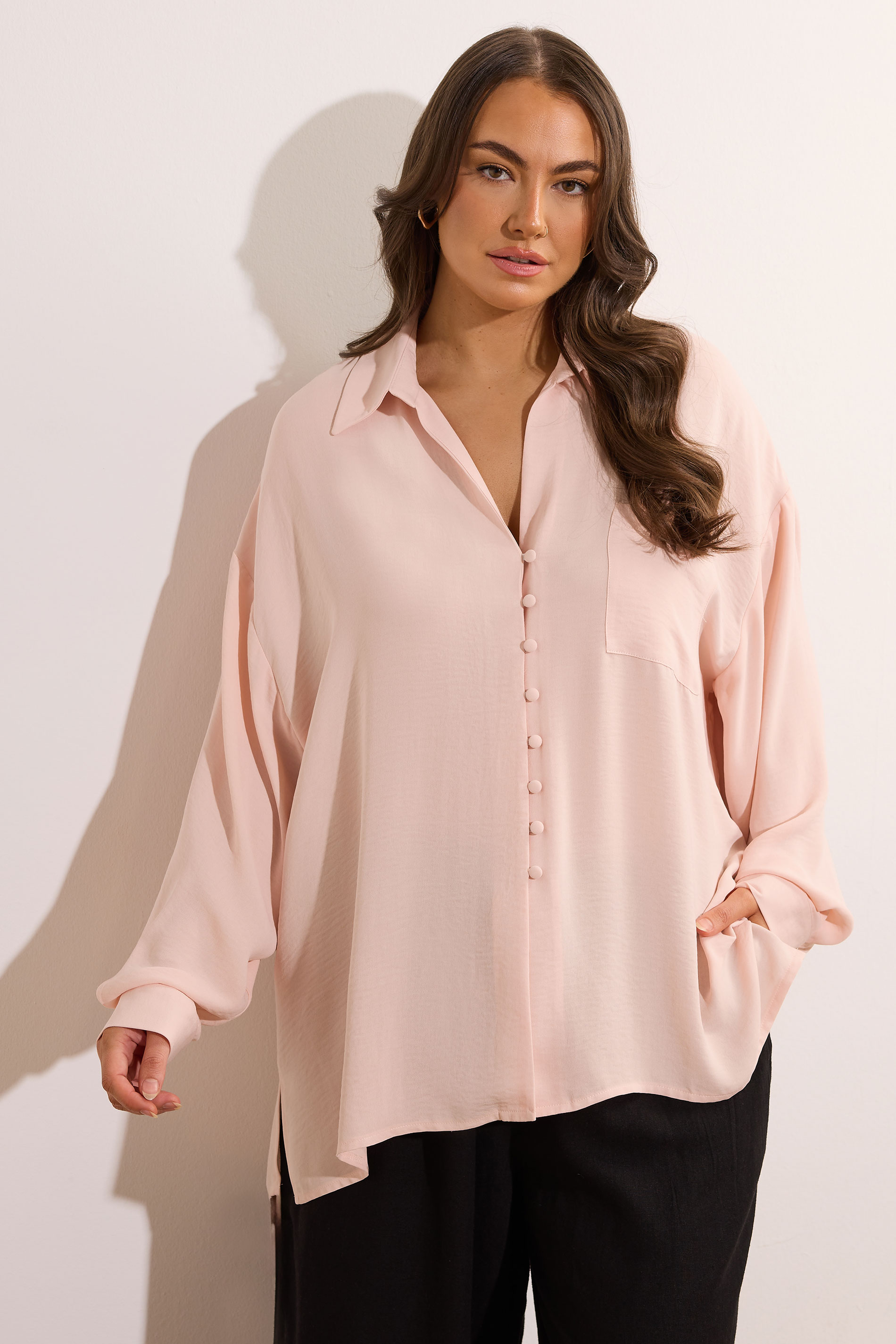 EVANS Plus Size Light Pink Dipped Hem Oversized Shirt | Evans 3