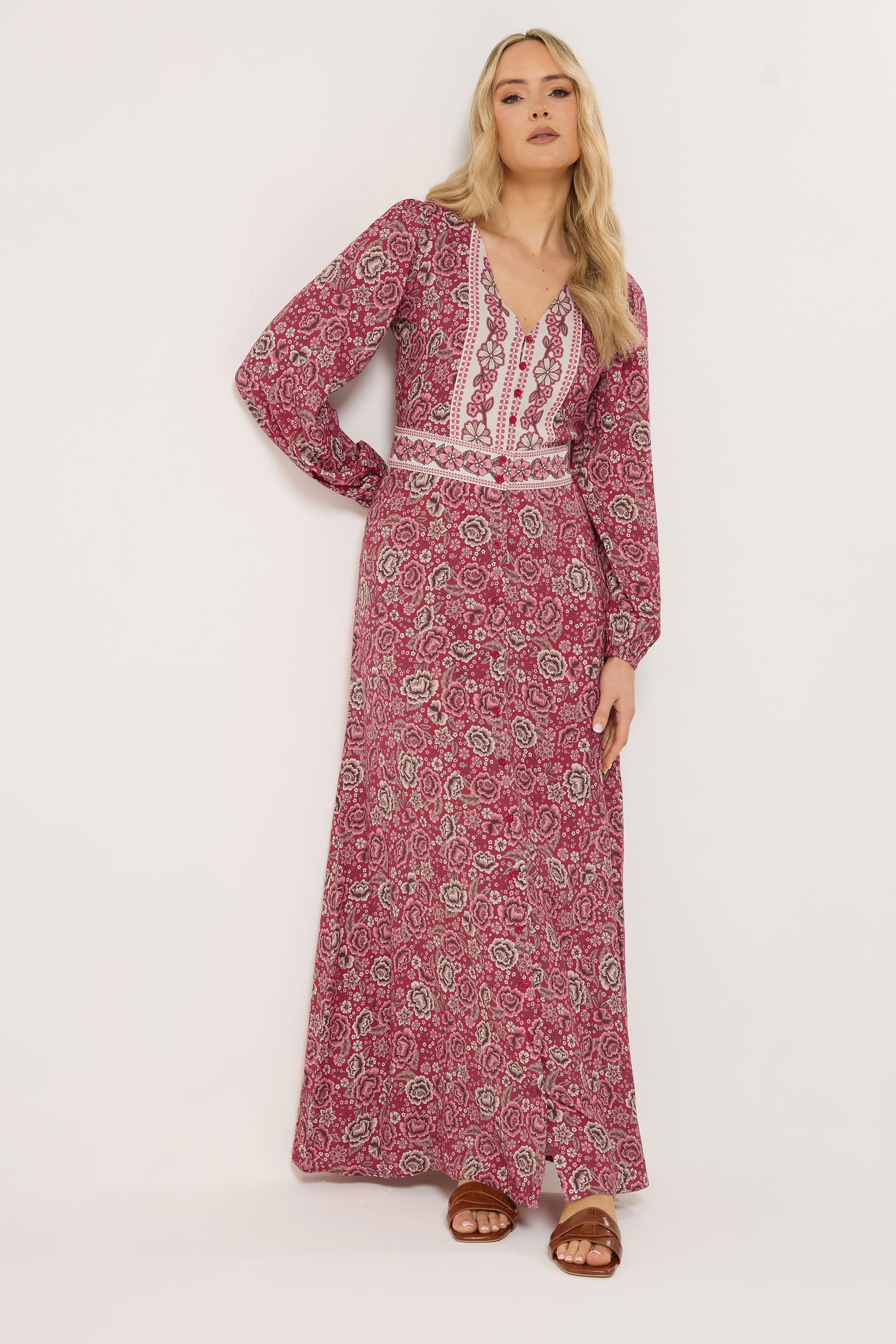 LTS Tall Women's Berry Red Floral Button Maxi Dress | Long Tall Sally 1