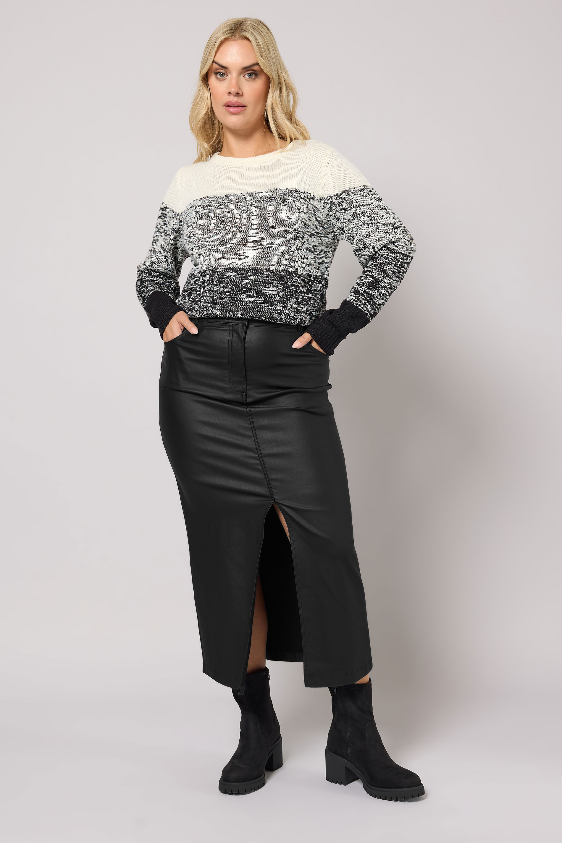 YOURS Plus Size Black Coated Split Hem Midaxi Skirt | Yours Clothing 1