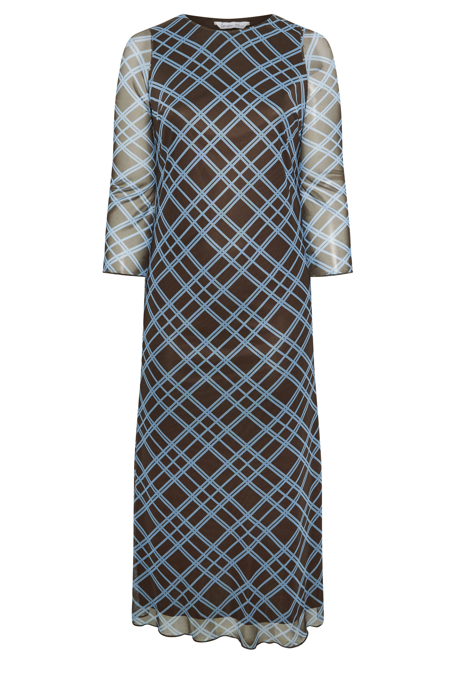 YOURS LONDON Plus Size Chocolate Brown & Blue Checked Mesh Dress | Yours Clothing 5