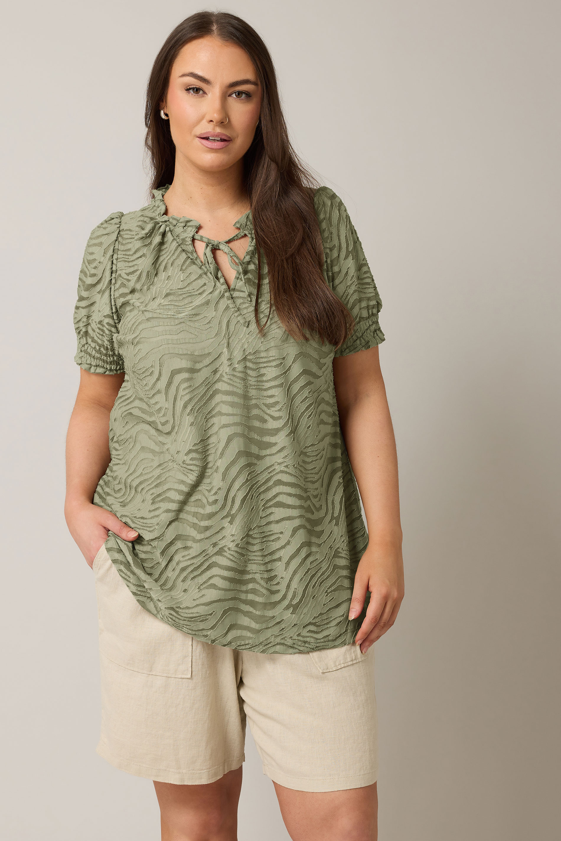 EVANS Plus Size Khaki Green Burnout Print Tie Neck Blouse | Evans 3