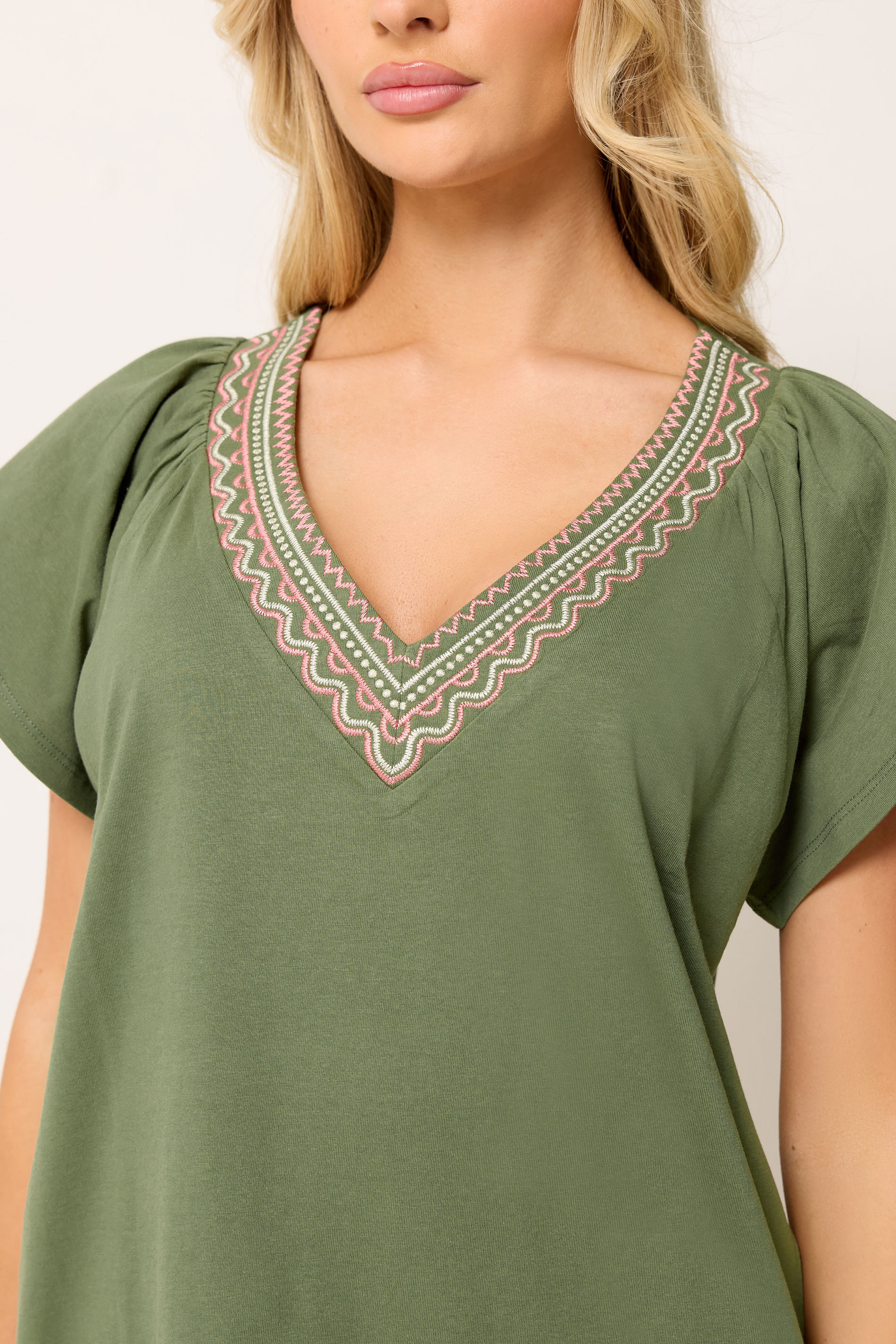 M&Co Khaki Green Embroidered Trim Cotton Cotton T-Shirt | M&Co 4