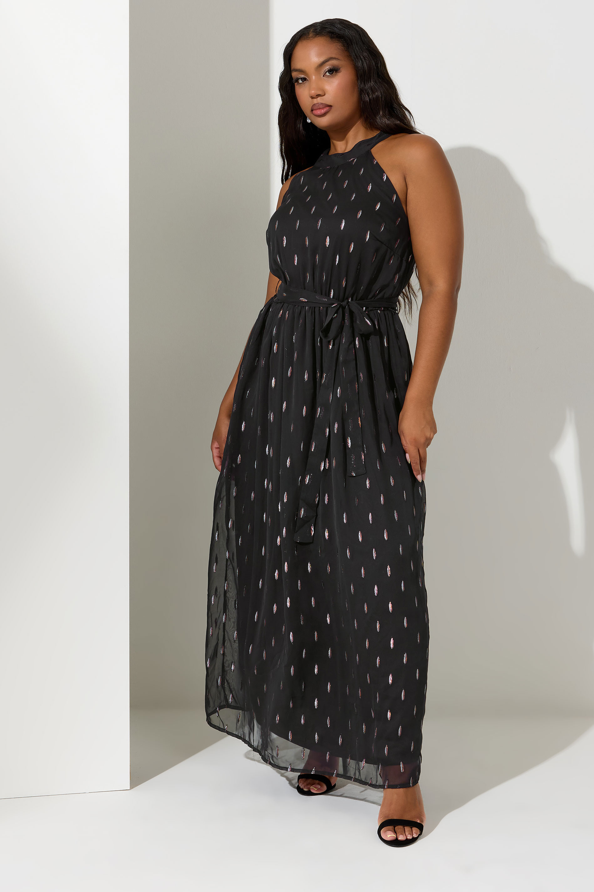 YOURS LONDON Plus Size Black Metallic Spot Print Halterneck Maxi Dress | Yours Clothing 2