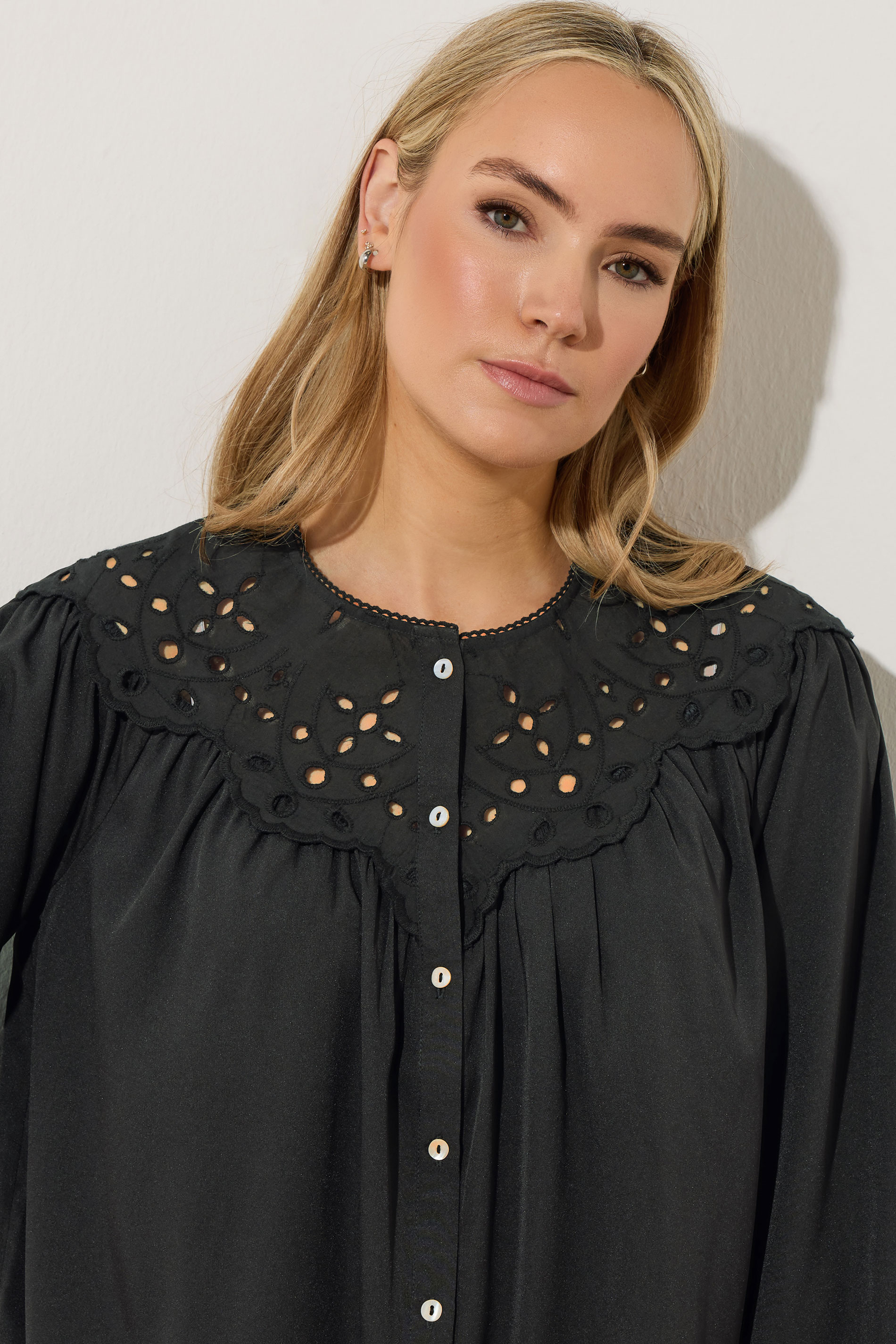 LTS Tall Black Woven Broderie Bib Blouse | Long Tall Sally 5