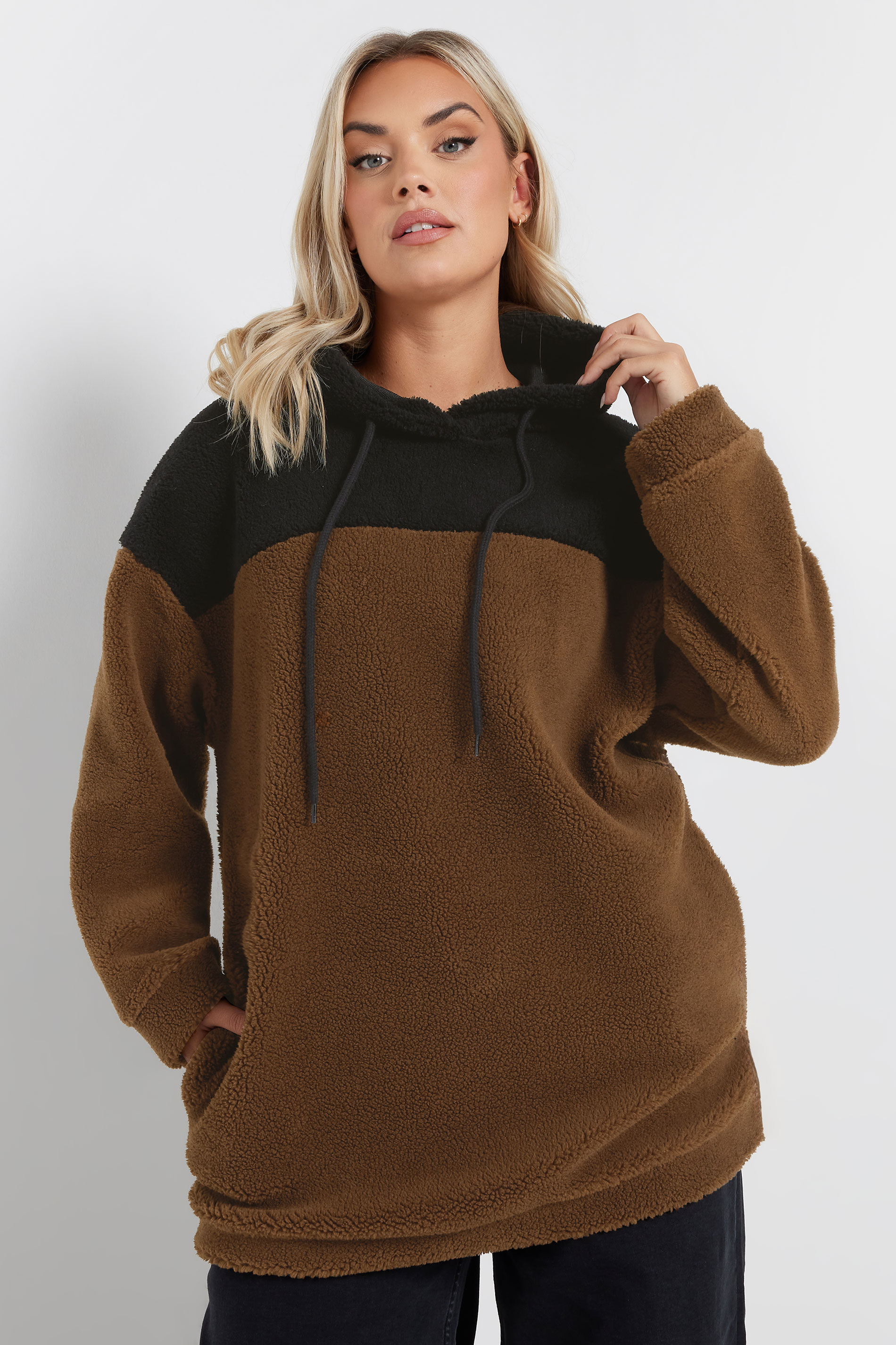 YOURS Plus Size Brown & Black Colourblock Teddy Fleece Hoodie | Yours Clothing  3