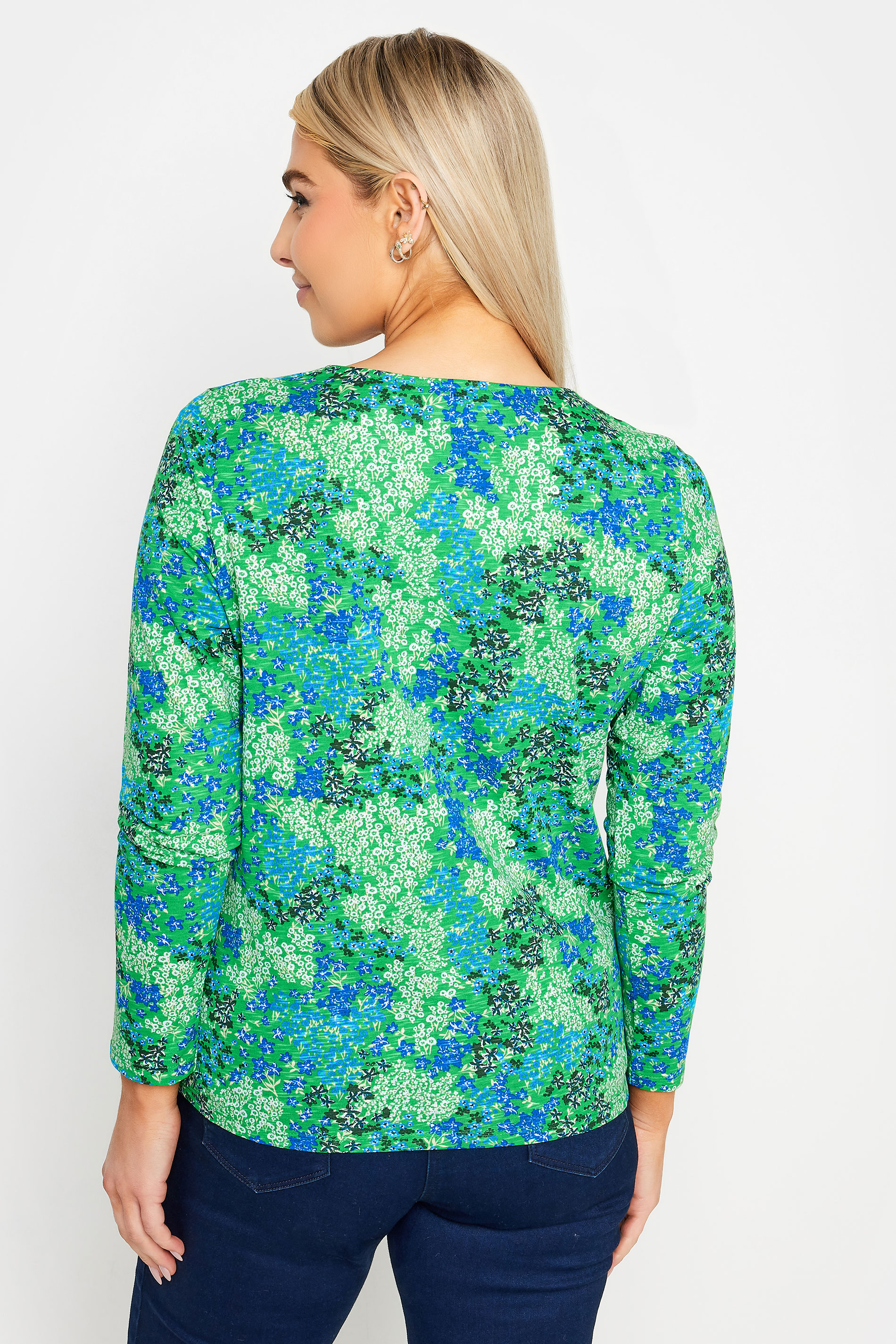 M&Co Green Ditsy Floral Notch Neck Long Sleeve Top | M&Co 3