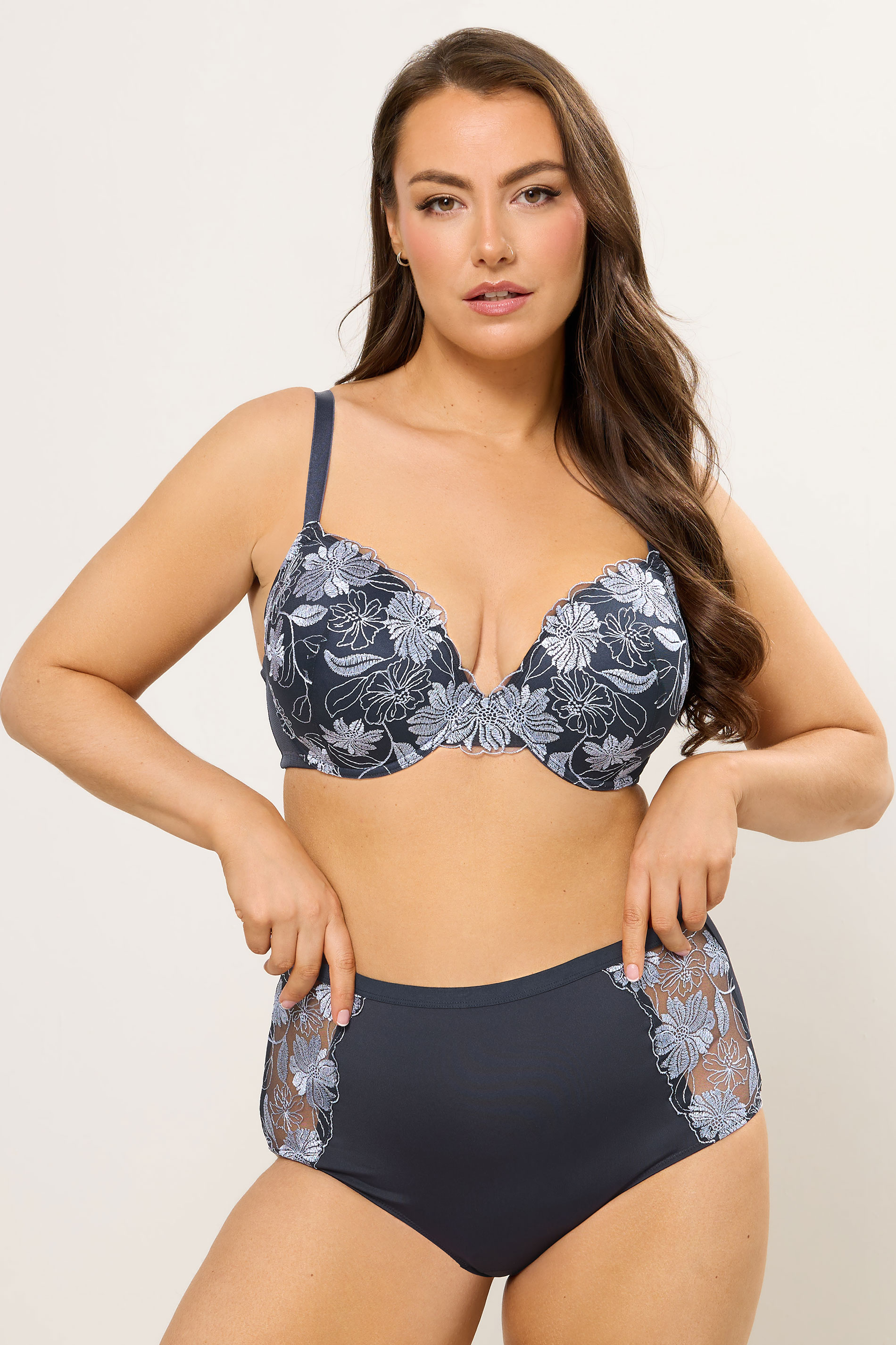 YOURS Curve Navy Blue Floral Embroidered Full Briefs | Yours Clothing 1