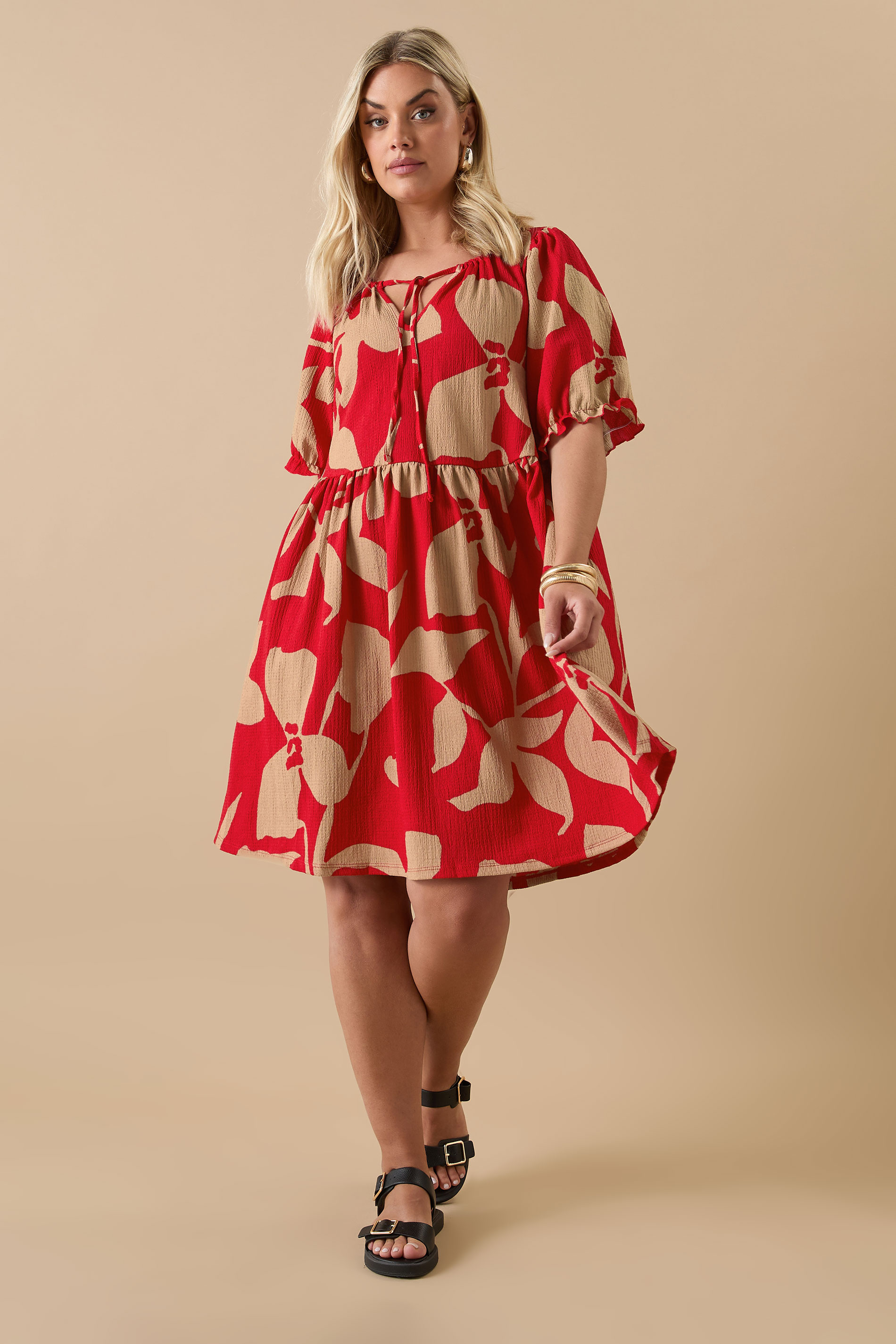 YOURS Plus Size Red Abstract Floral Tie Neck Mini Dress | Yours Clothing 1