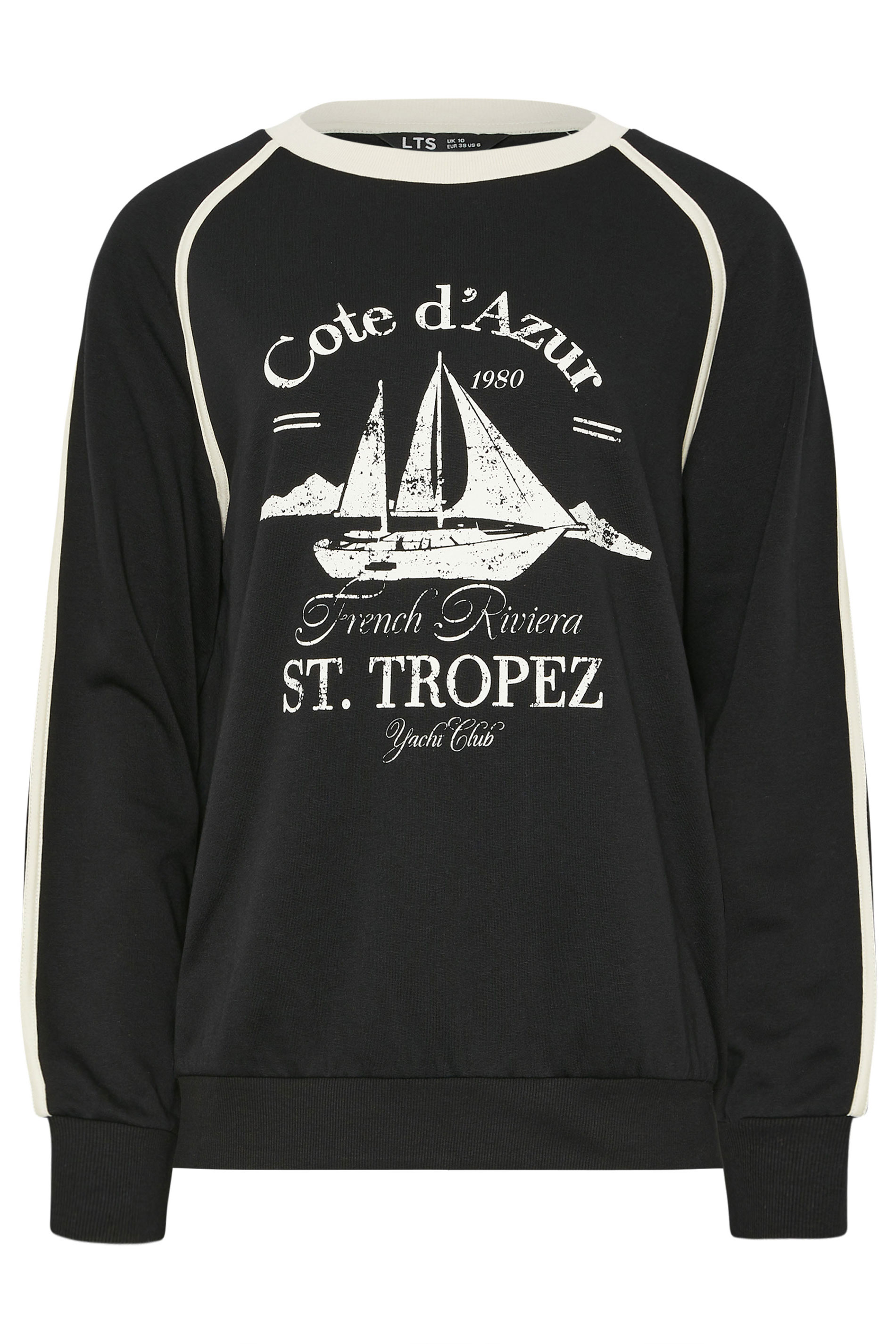 LTS Tall Black 'Cote d'Azur' Slogan Pipe Detail Sweatshirt | Long Tall Sally  6