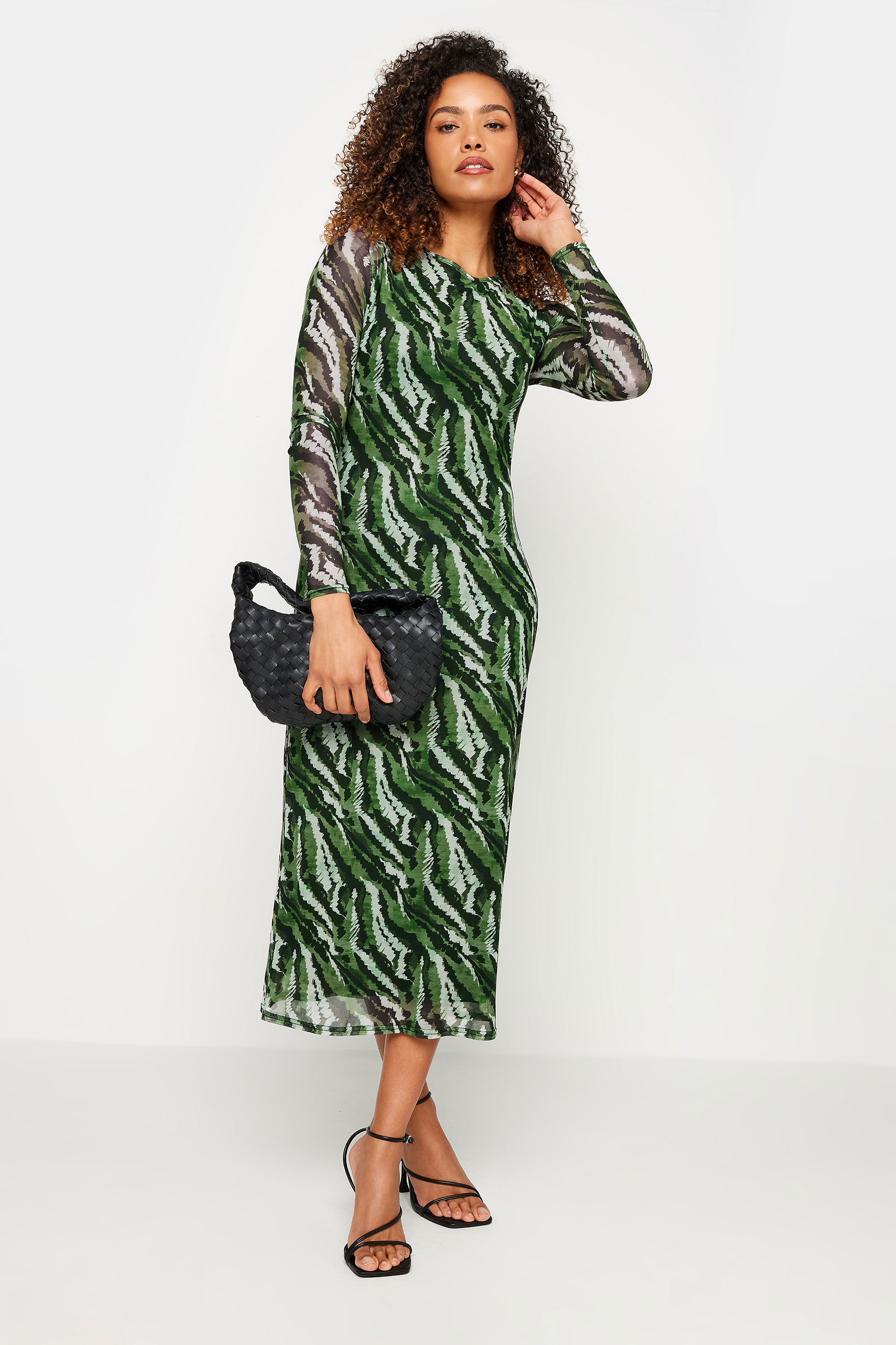 M&Co Khaki Green Animal Print Mesh Long Sleeve Dress  | M&Co 1