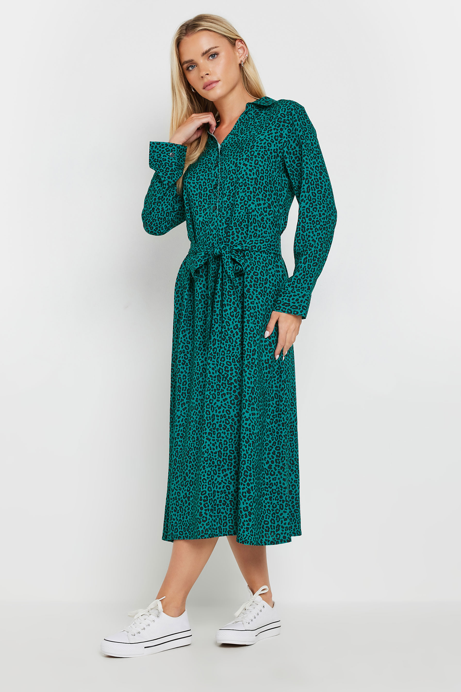 M&Co Petite Teal Green Leopard Print Midi Shirt Dress | M&Co 1