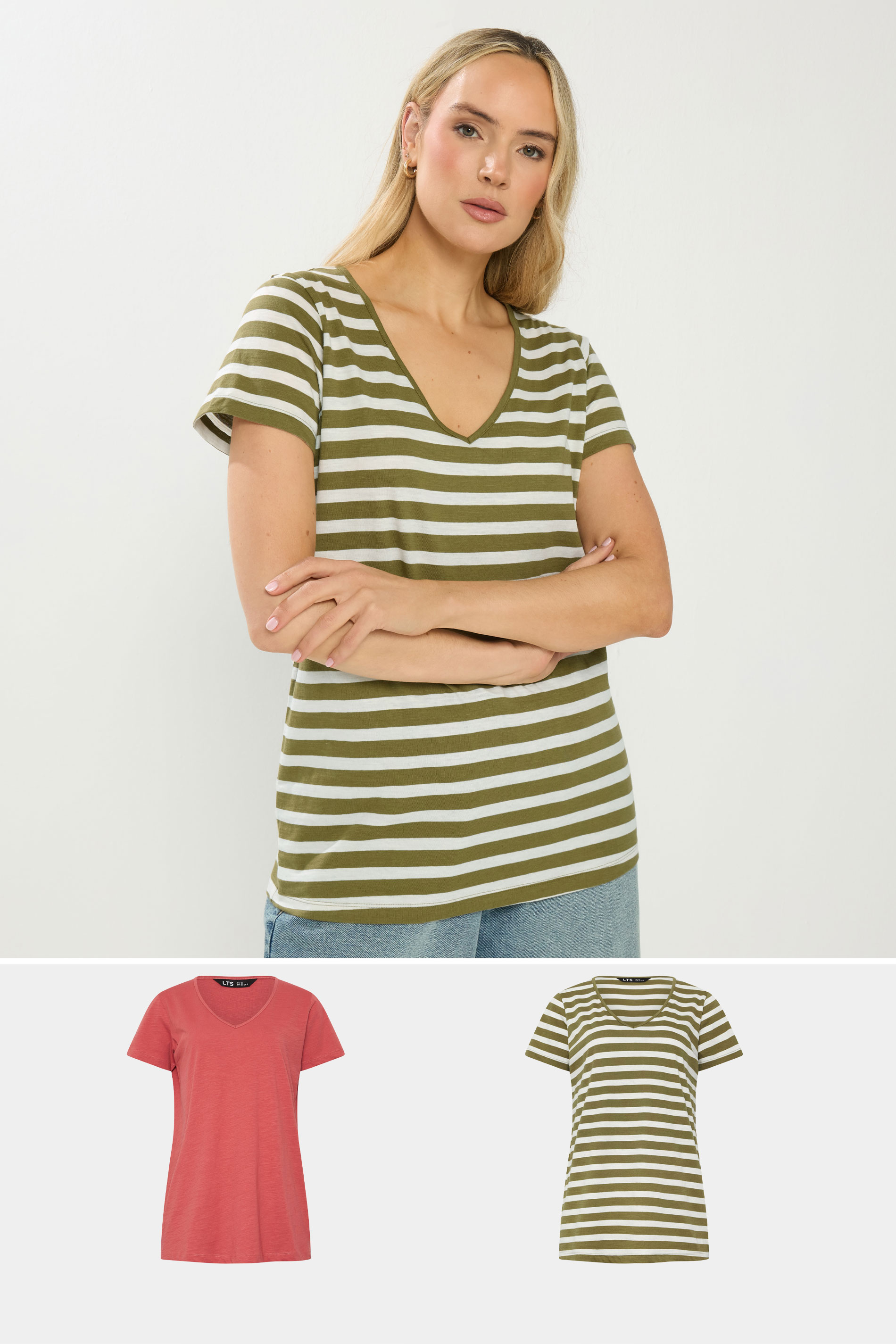 LTS Tall 2 PACK Coral Orange & Khaki Green Stripe Cotton T-Shirts | Long Tall Sally 3