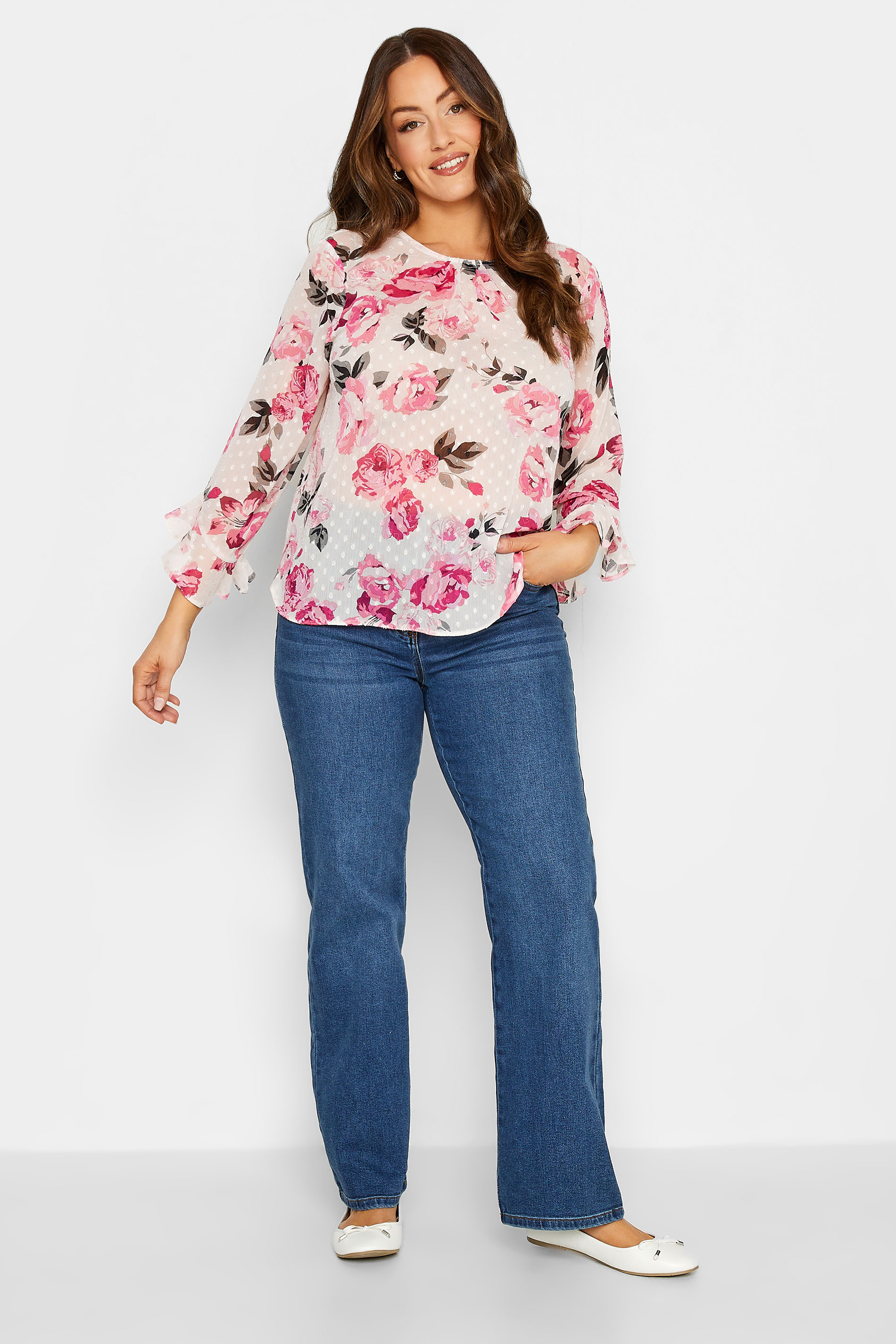 M&Co White Floral Print Dobby Frill Sleeve Blouse | M&Co 2