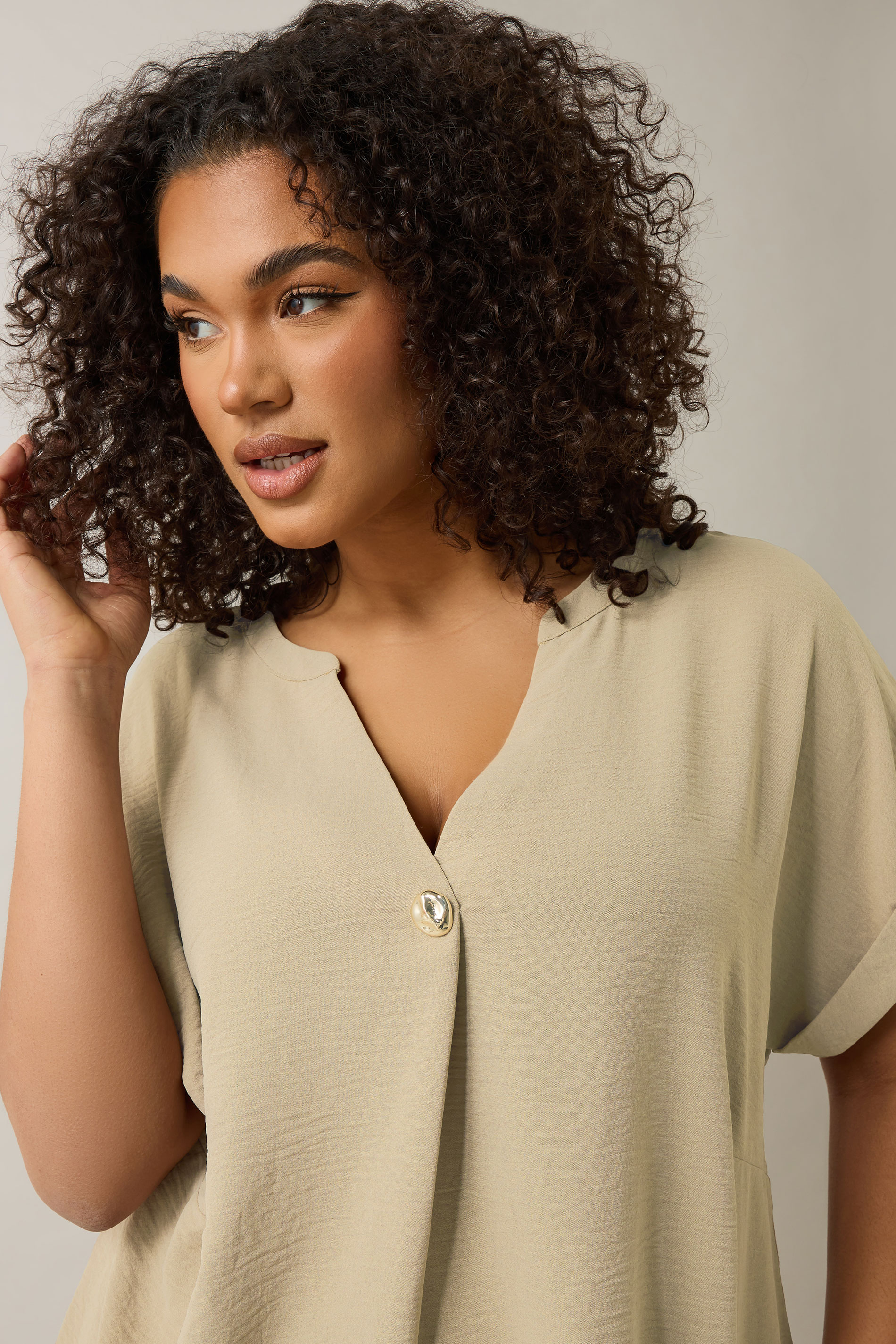 EVANS Plus Size Natural Brown Button Front Short Sleeve Blouse | Evans 5