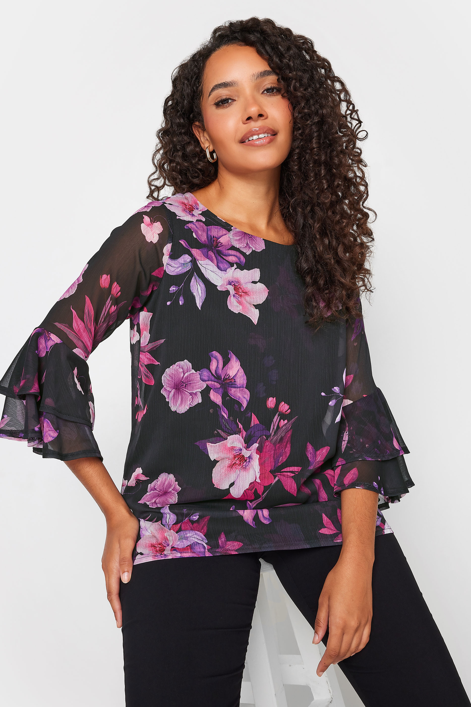 M&Co Black & Pink Floral Print Flute Sleeve Blouse | M&Co 2