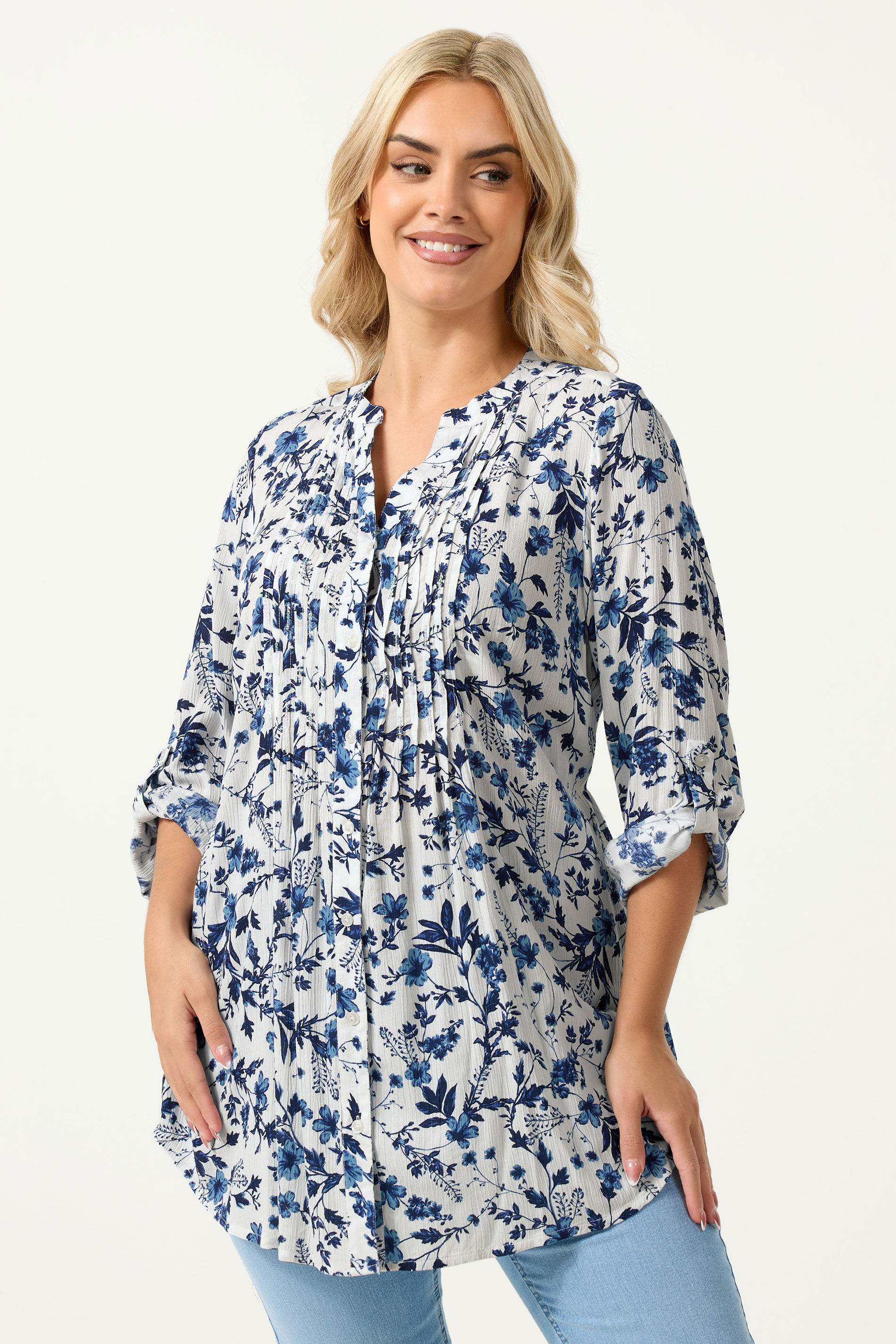 YOURS Plus Size Blue Floral Sequin Pintuck Blouse | Yours Clothing 3
