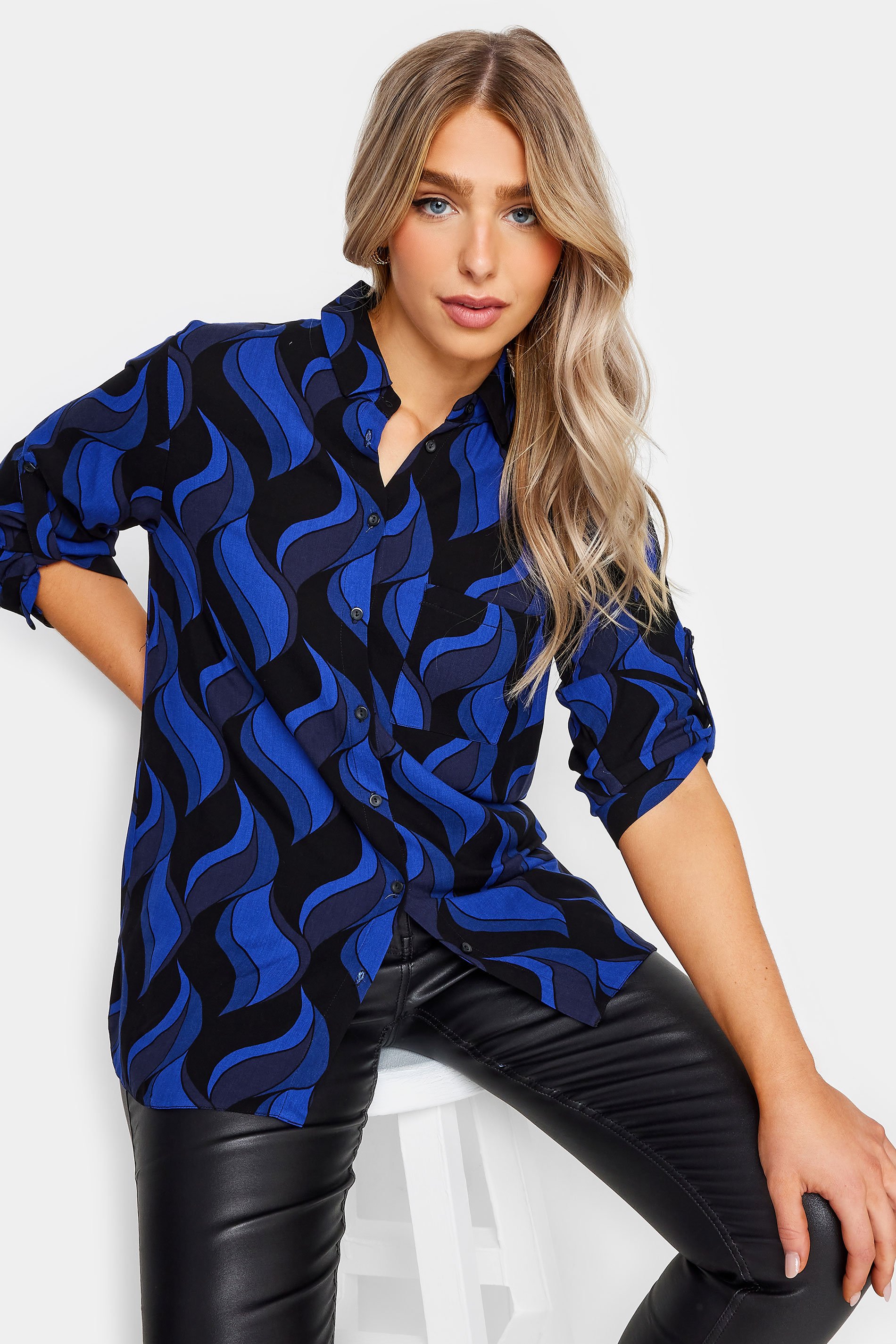 M&Co Black & Blue Swirl Print Tab Sleeve Shirt | M&Co 1