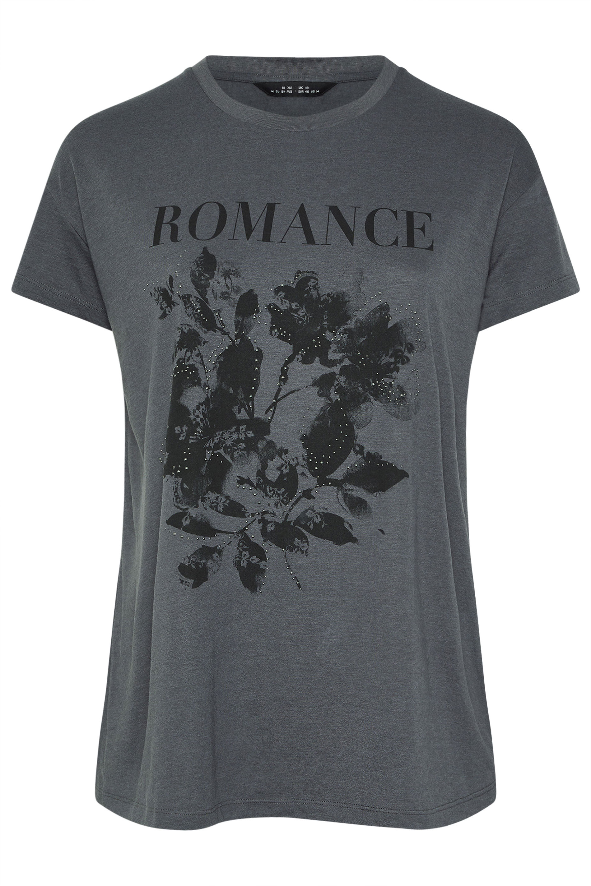 YOURS Plus Size Grey Floral 'Romance' Embellished Slogan T-Shirt | Yours Clothing 6