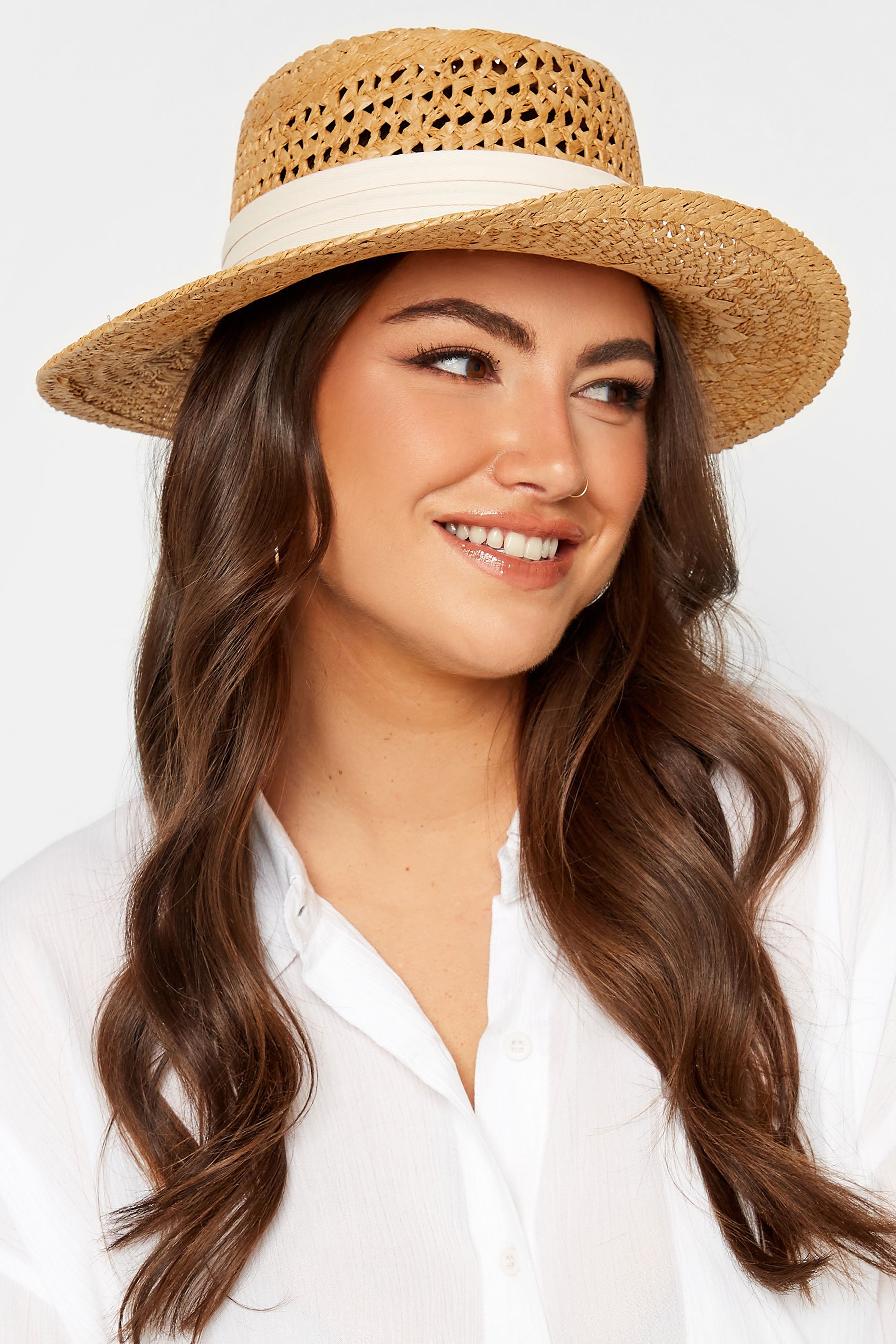 Beige Brown & White Straw Boater Hat | Yours Clothing 1