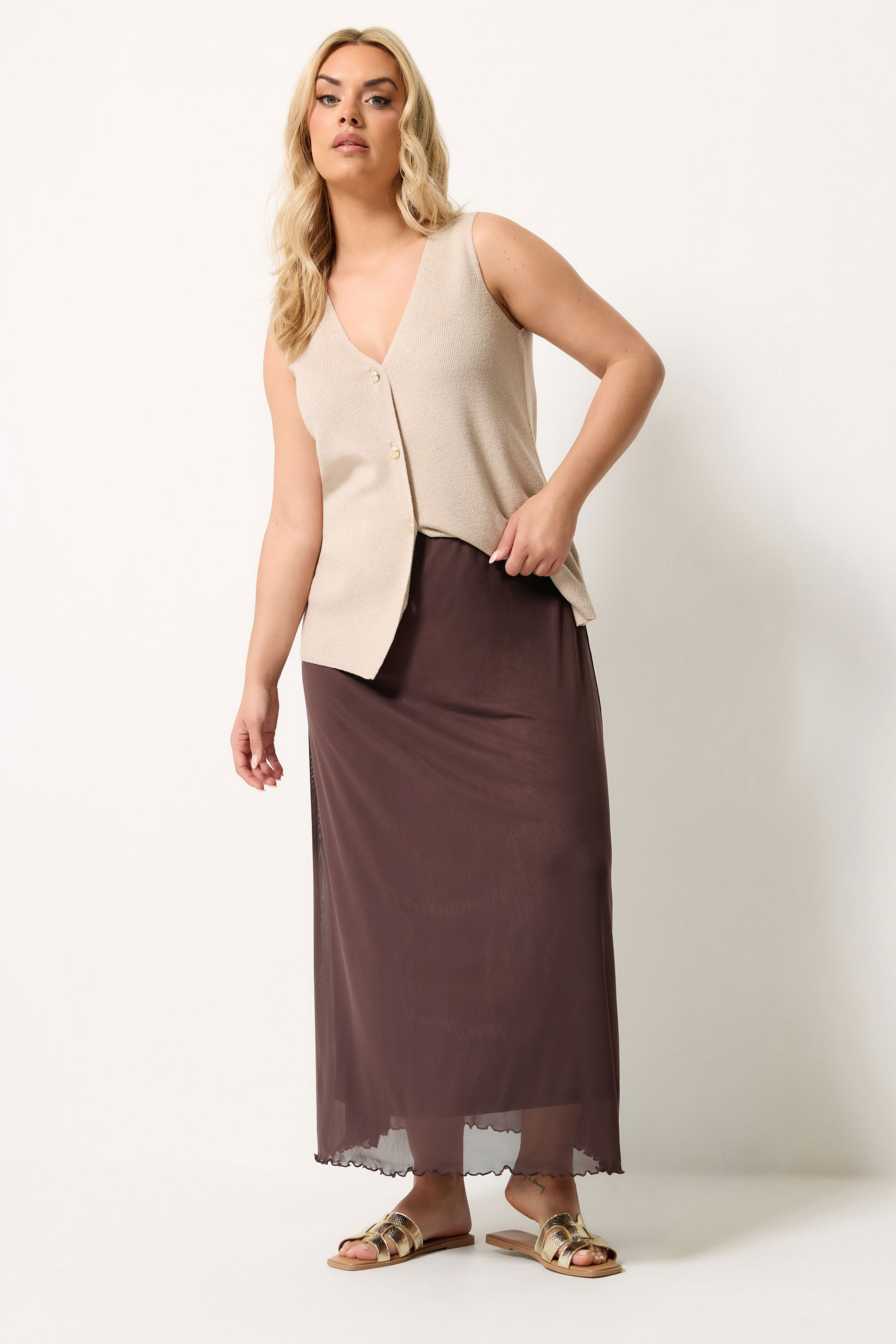 YOURS Plus Size Chocolate Brown Mesh Skirt | Yours Clothing 1