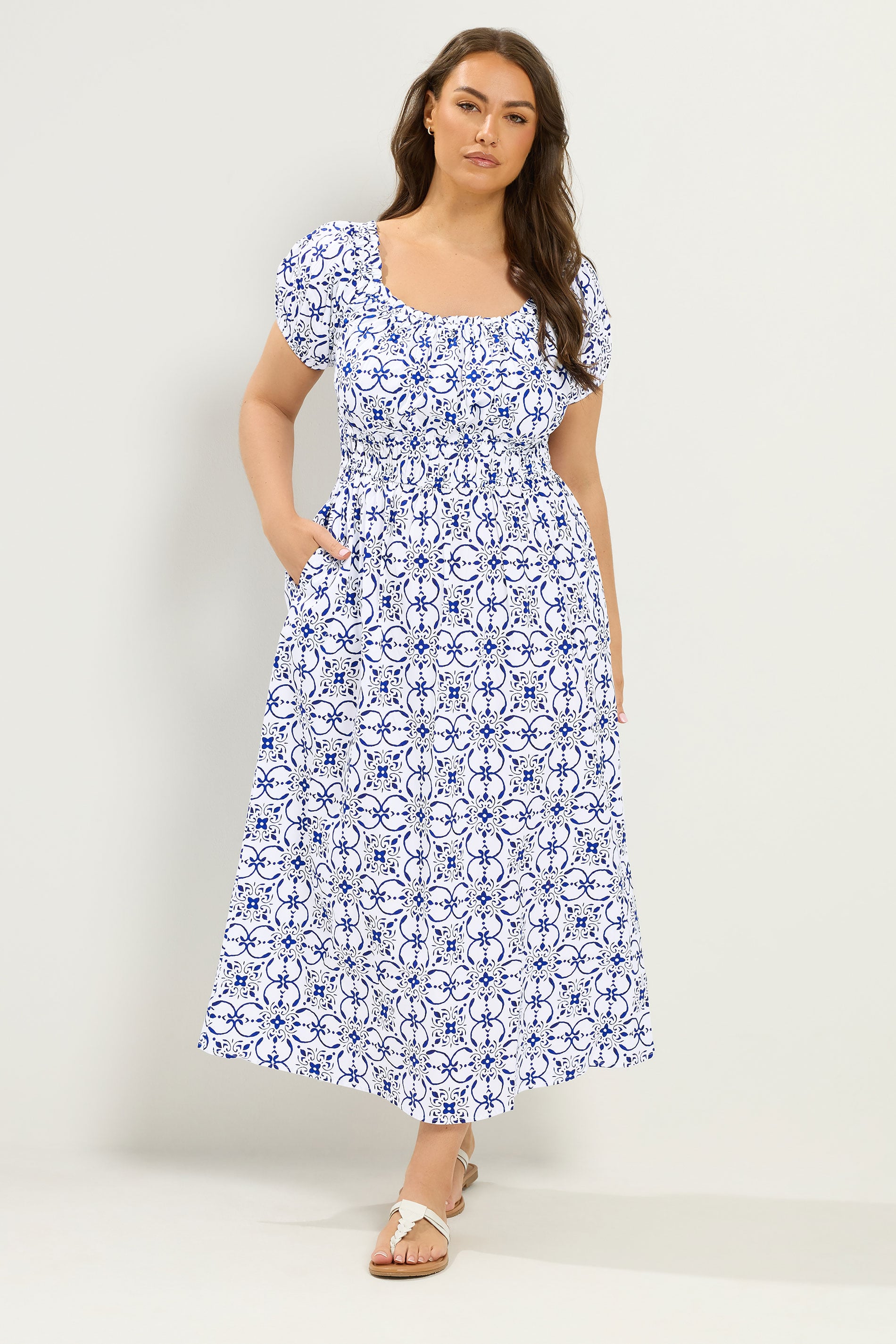 YOURS Plus Size White Floral Poplin Bardot Dress | Yours Clothing 1