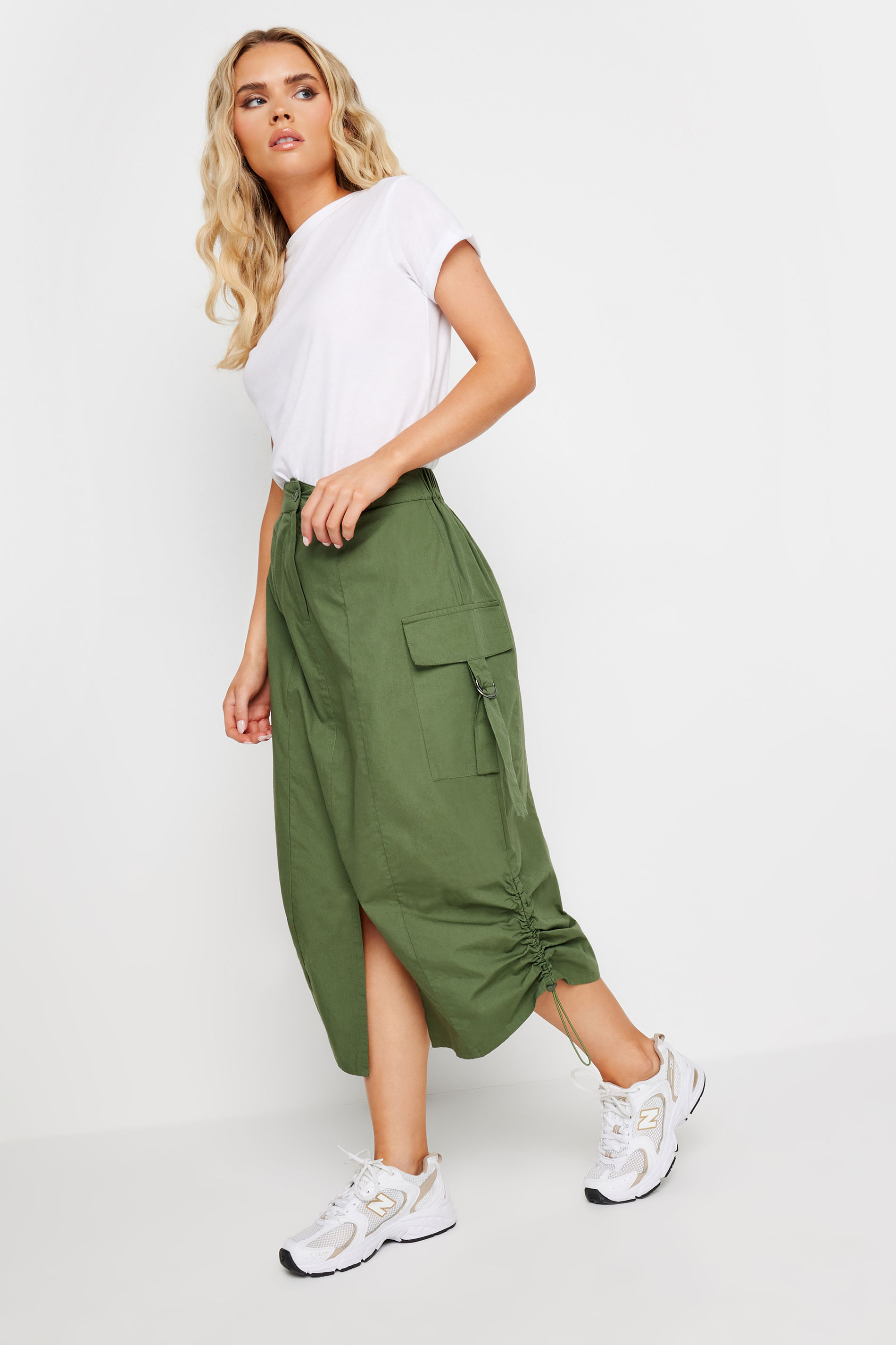 PixieGirl Khaki Green Ruched Cotton Cargo Midi Skirt | PixieGirl  3