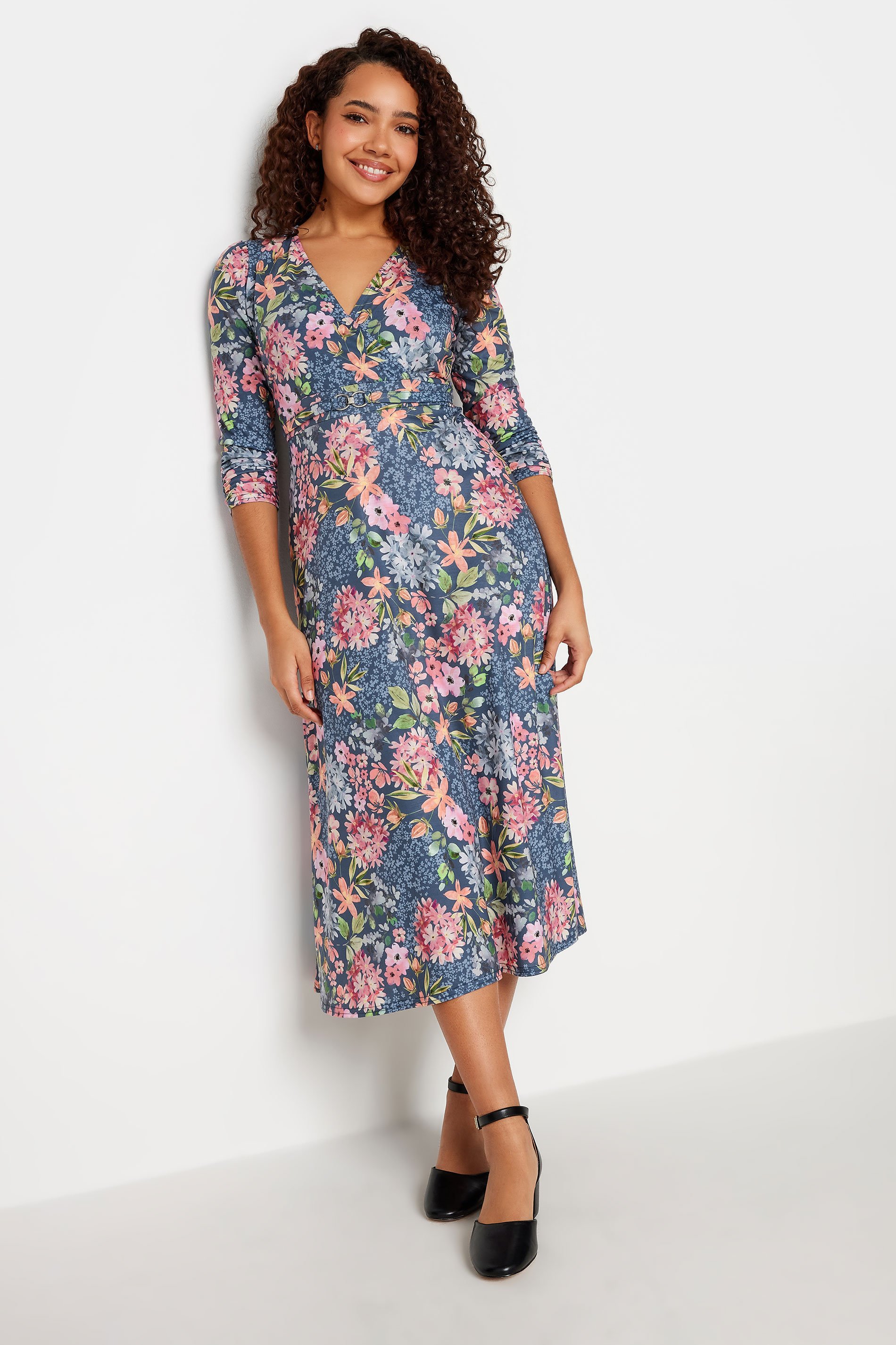 M&Co Blue Floral Print Belted Wrap Midi Dress | M&Co 1
