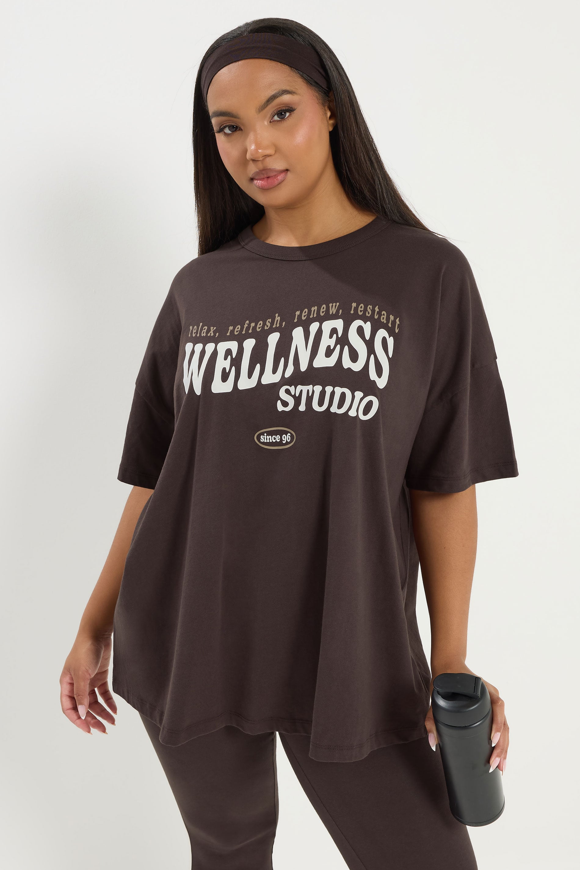 YOURS ACTIVE Plus Size Chocolate Brown 'Wellness Studio' T-Shirt | Yours Clothing 3