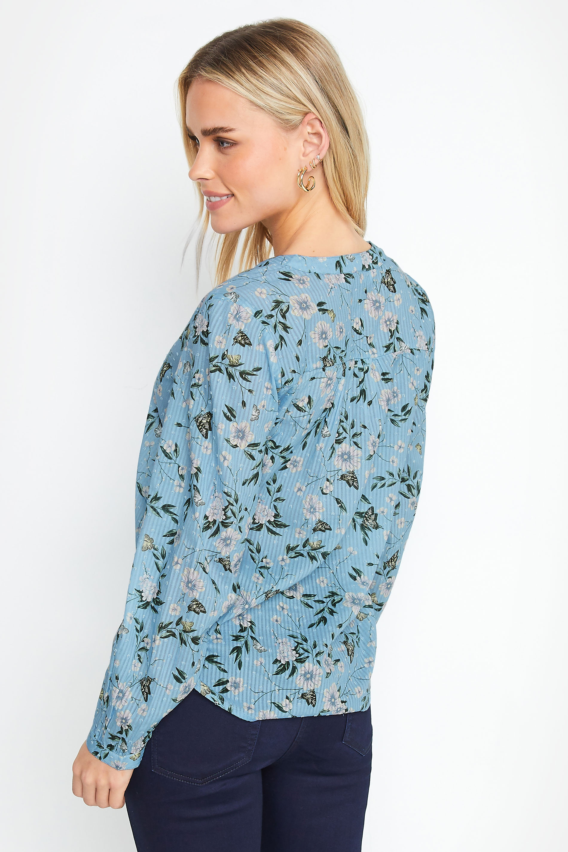 M&Co Petite Blue Floral Print Dobby Blouse | M&Co 2