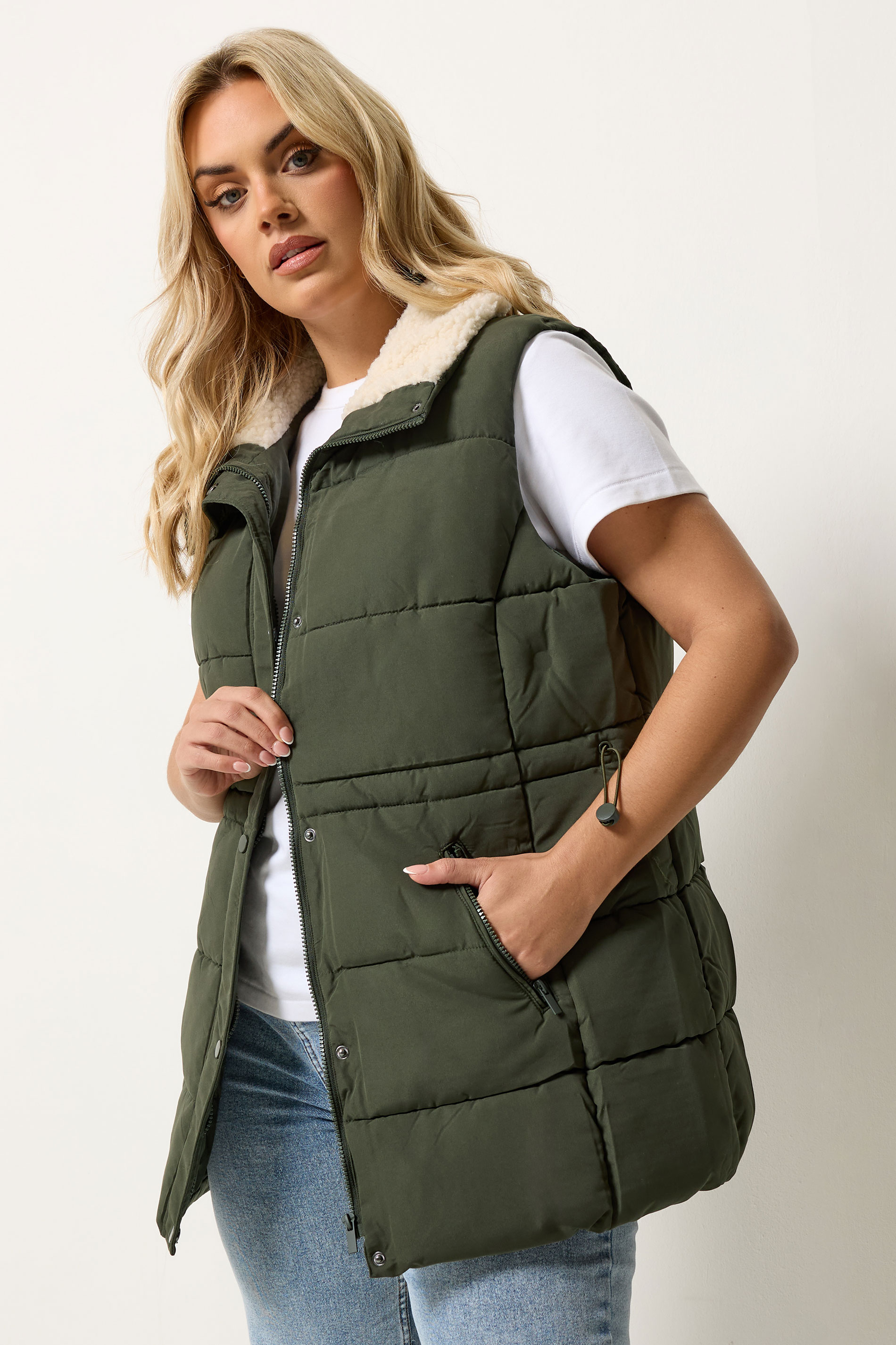 YOURS Plus Size Khaki Green Padded Gilet | Yours Clothing 3