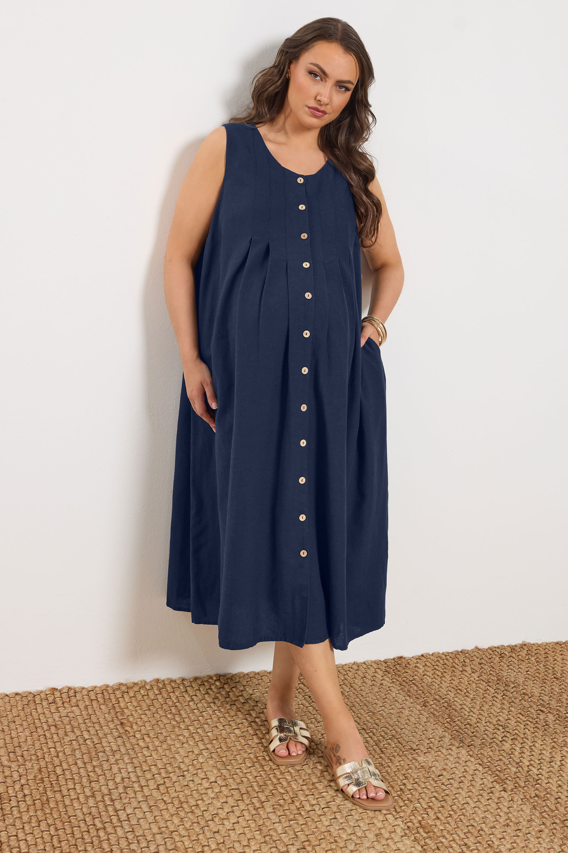 BUMP IT UP MATERNITY Plus Size Navy Blue Linen Button Through Dress | Yours Clothing 2