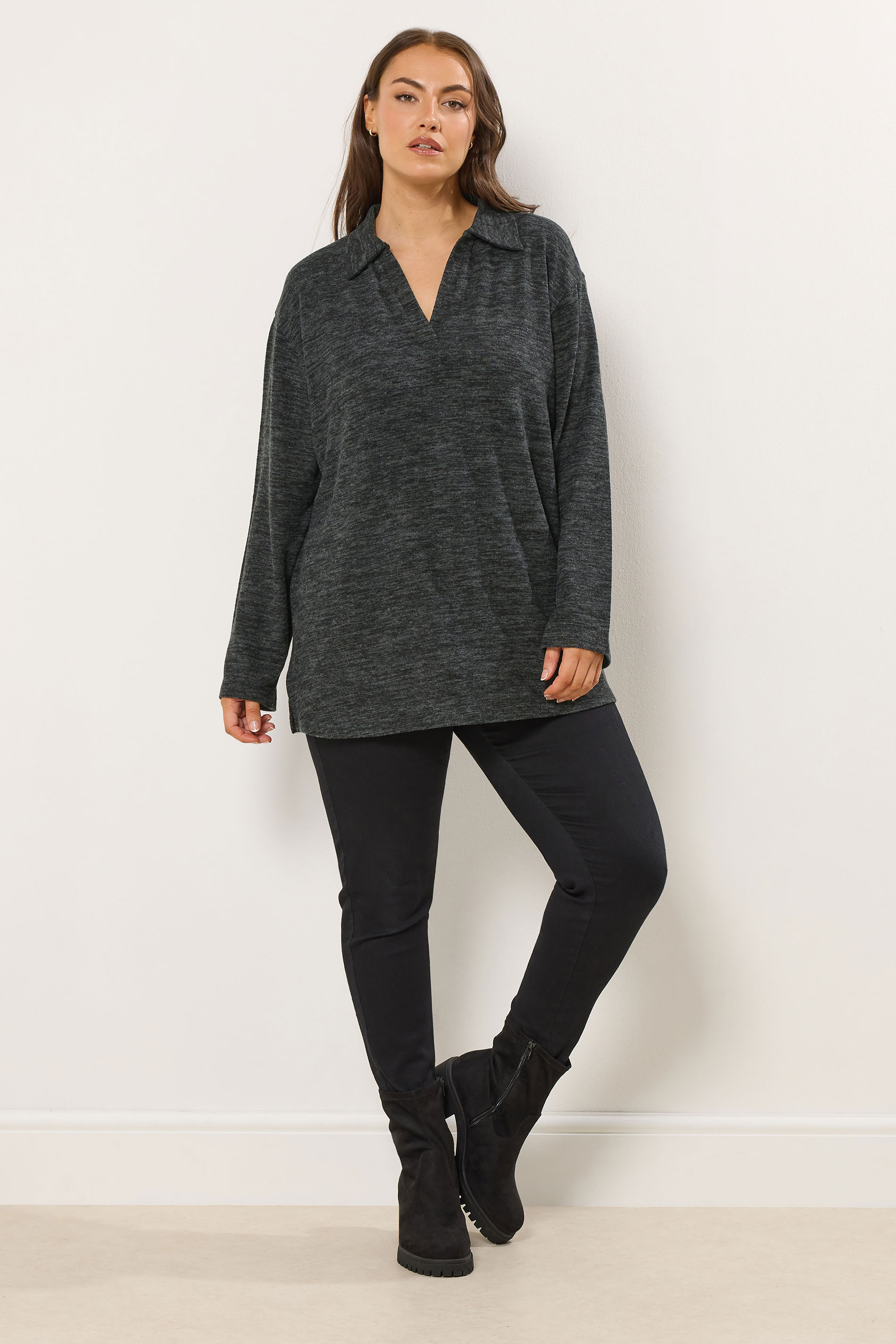 YOURS Plus Size Charcoal Grey Soft Touch Collared Jumper | Yours Clothing 1