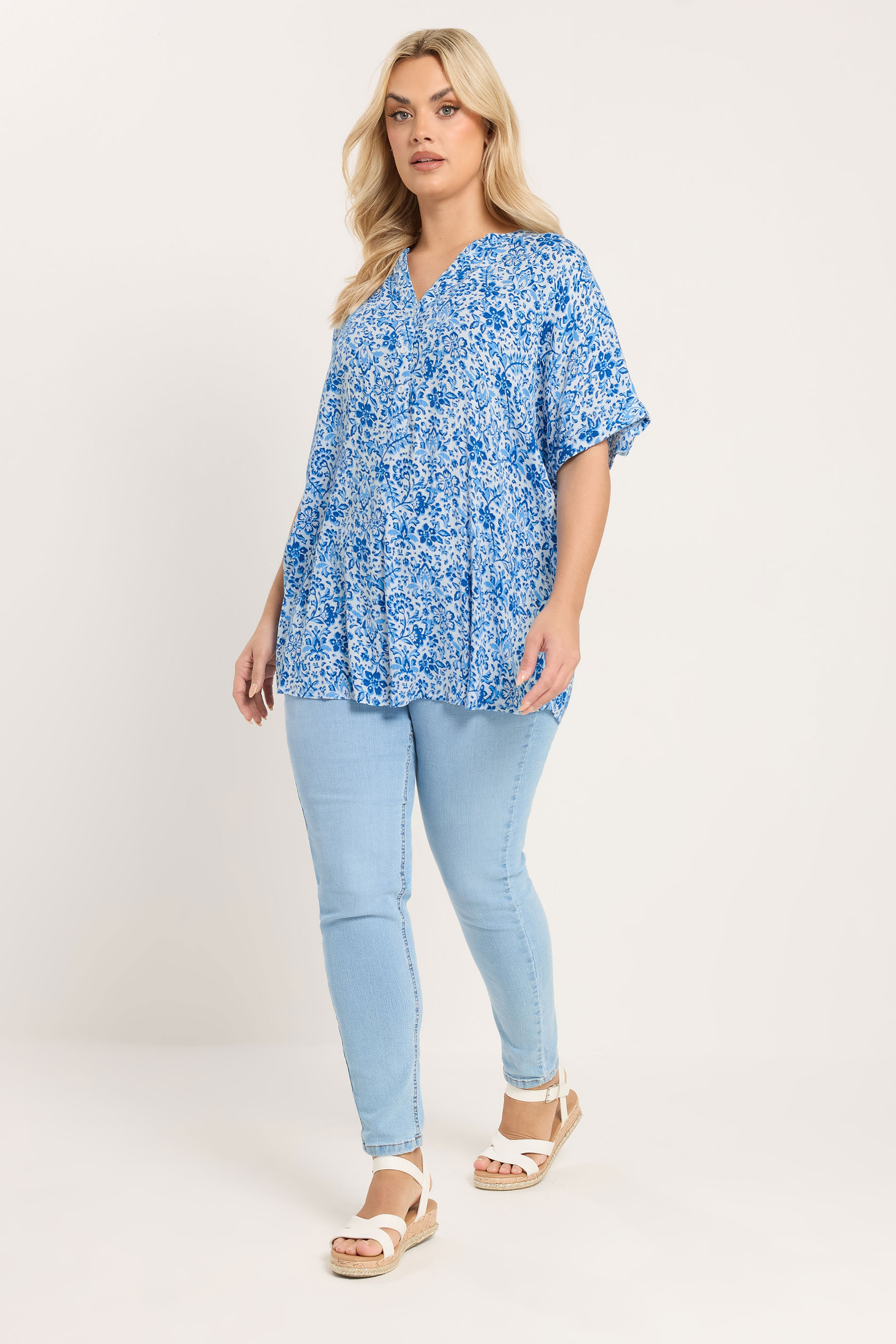 YOURS Plus Size Blue Crinkle Floral Notch Neck Top | Yours Clothing 1
