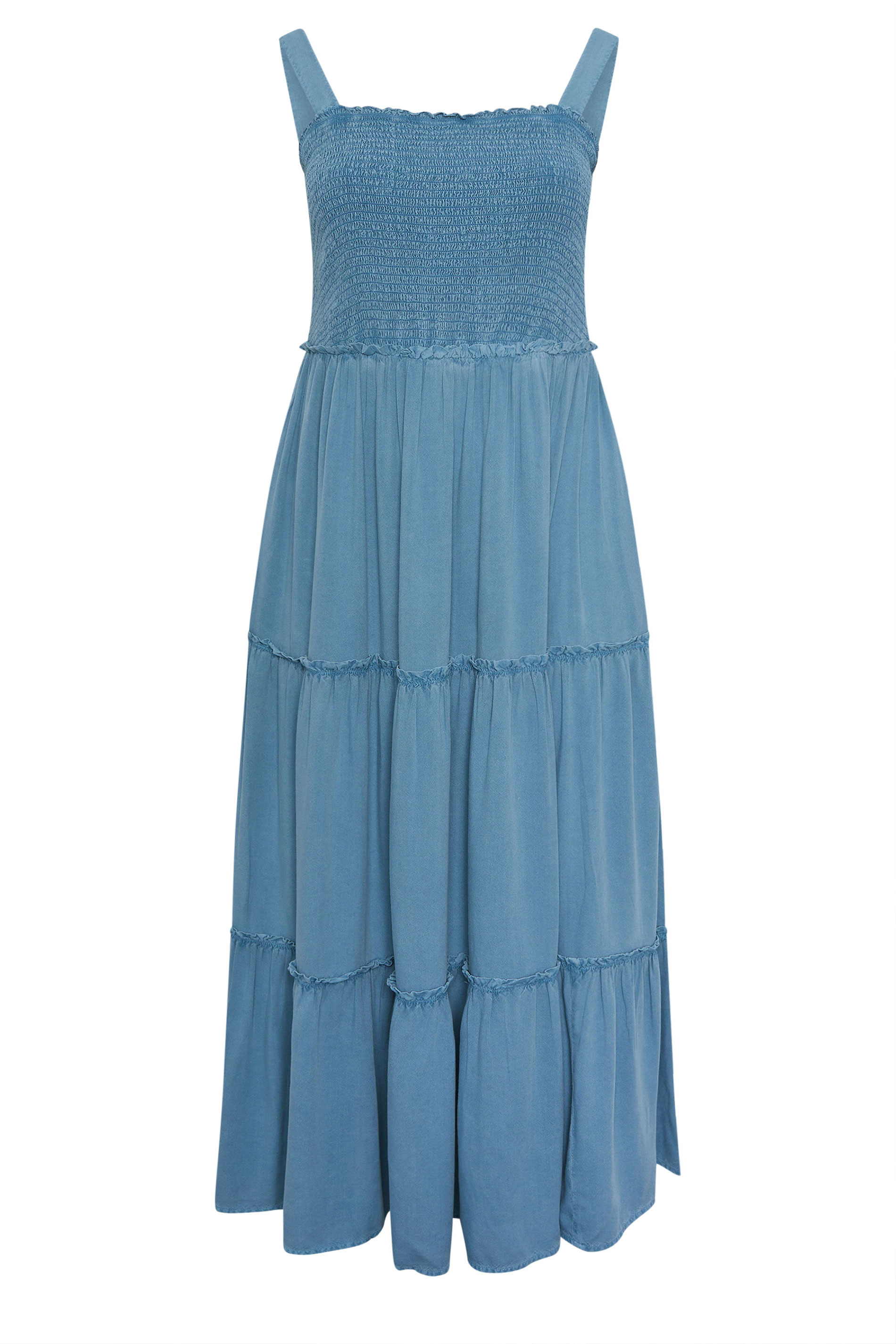 YOURS Plus Size Blue Shirred Strappy Chambray Maxi Dress | Yours Clothing 6