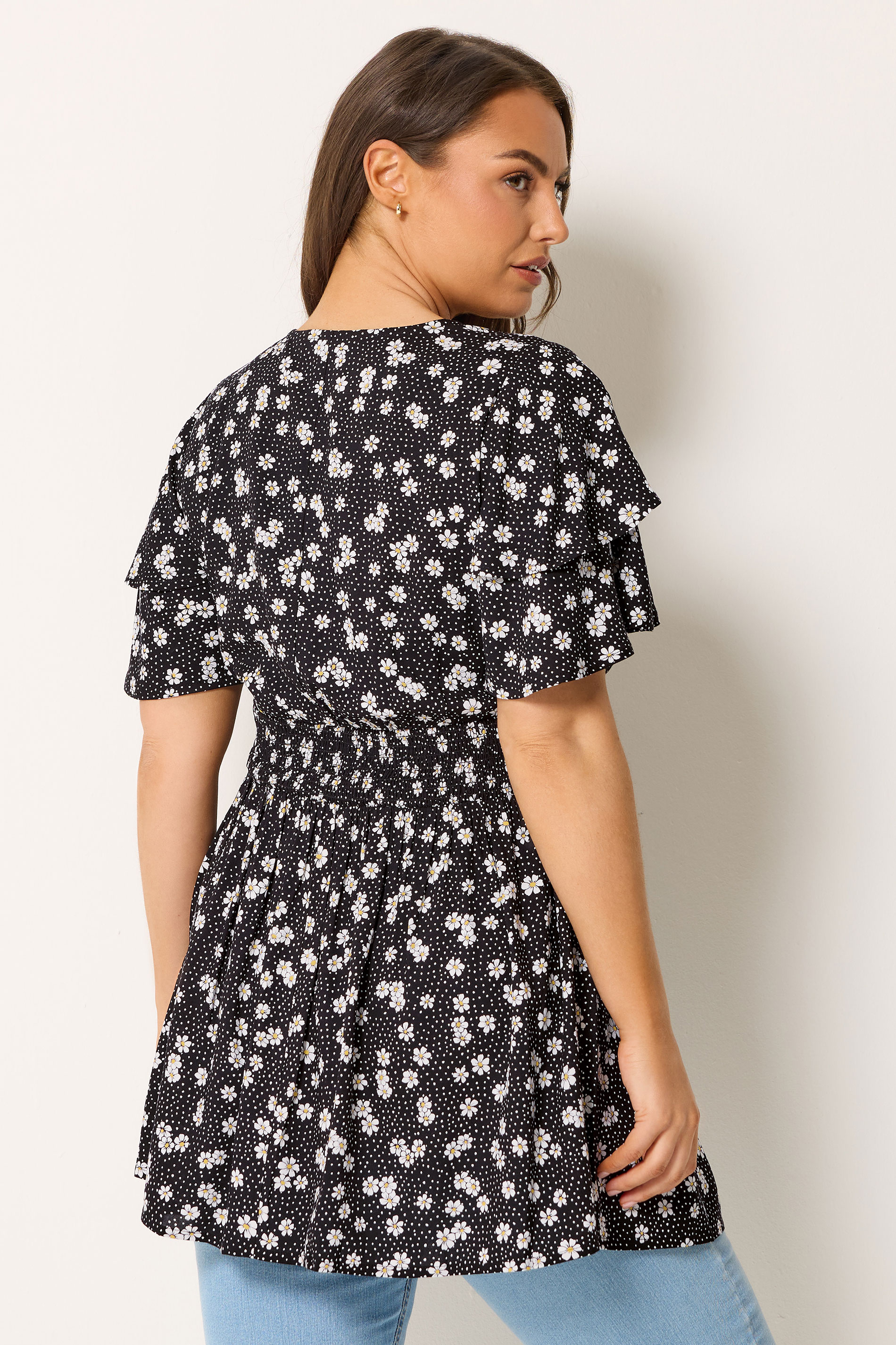 YOURS Plus Size Black Daisy Flutter Sleeve Top | Yours Clothing 2