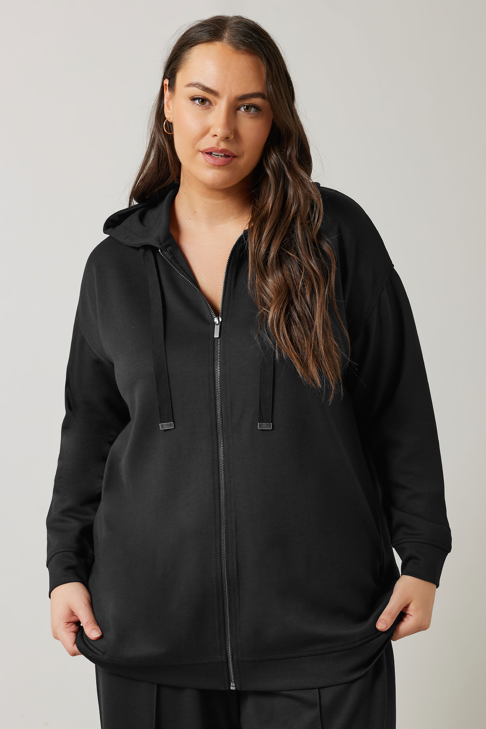 EVANS Plus Size Black Luxe Zip Through Hoodie | Evans 3