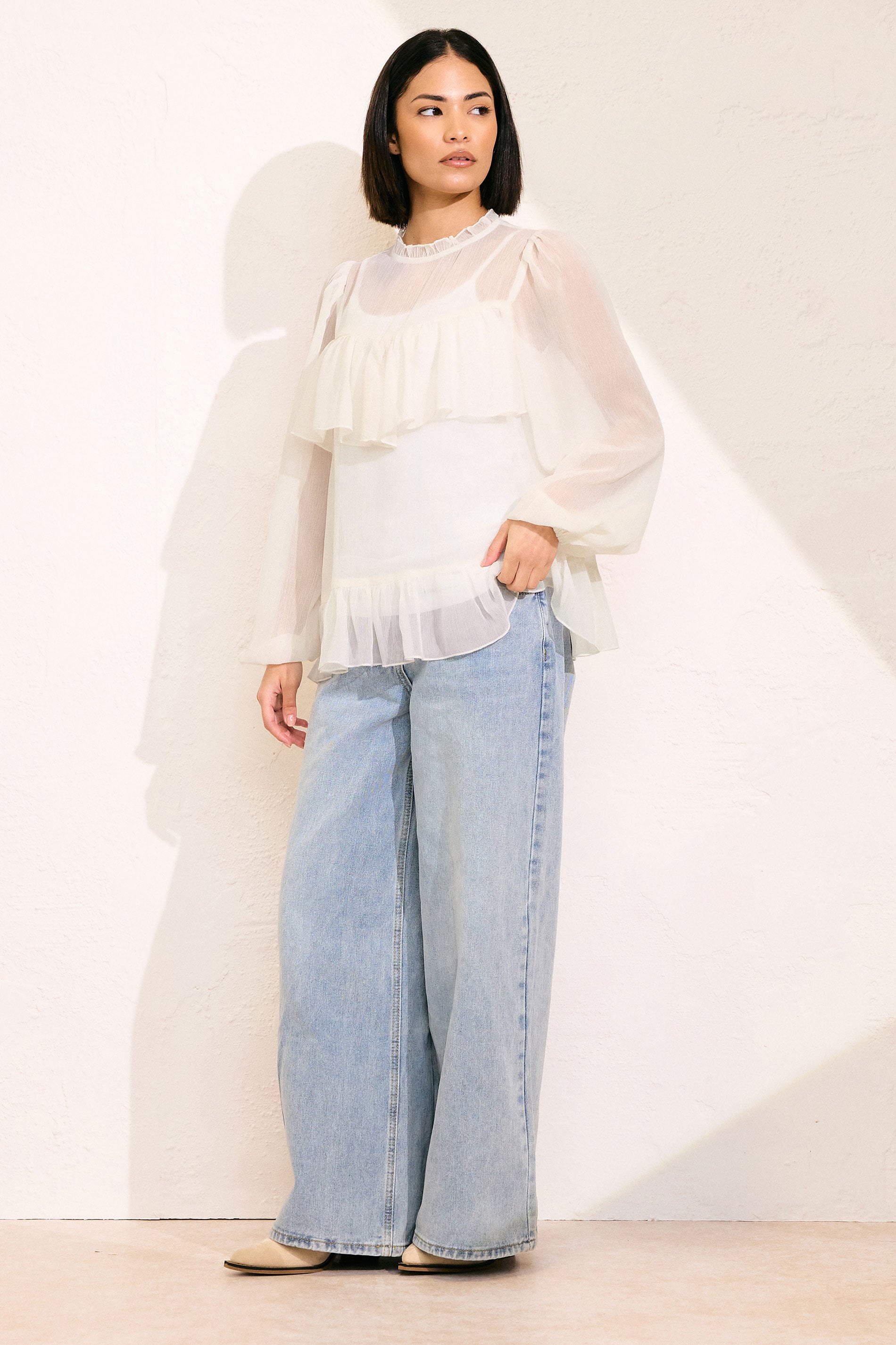 PixieGirl Petite Women's Ivory White Chiffon Frill Blouse | Long Tall Sally 4
