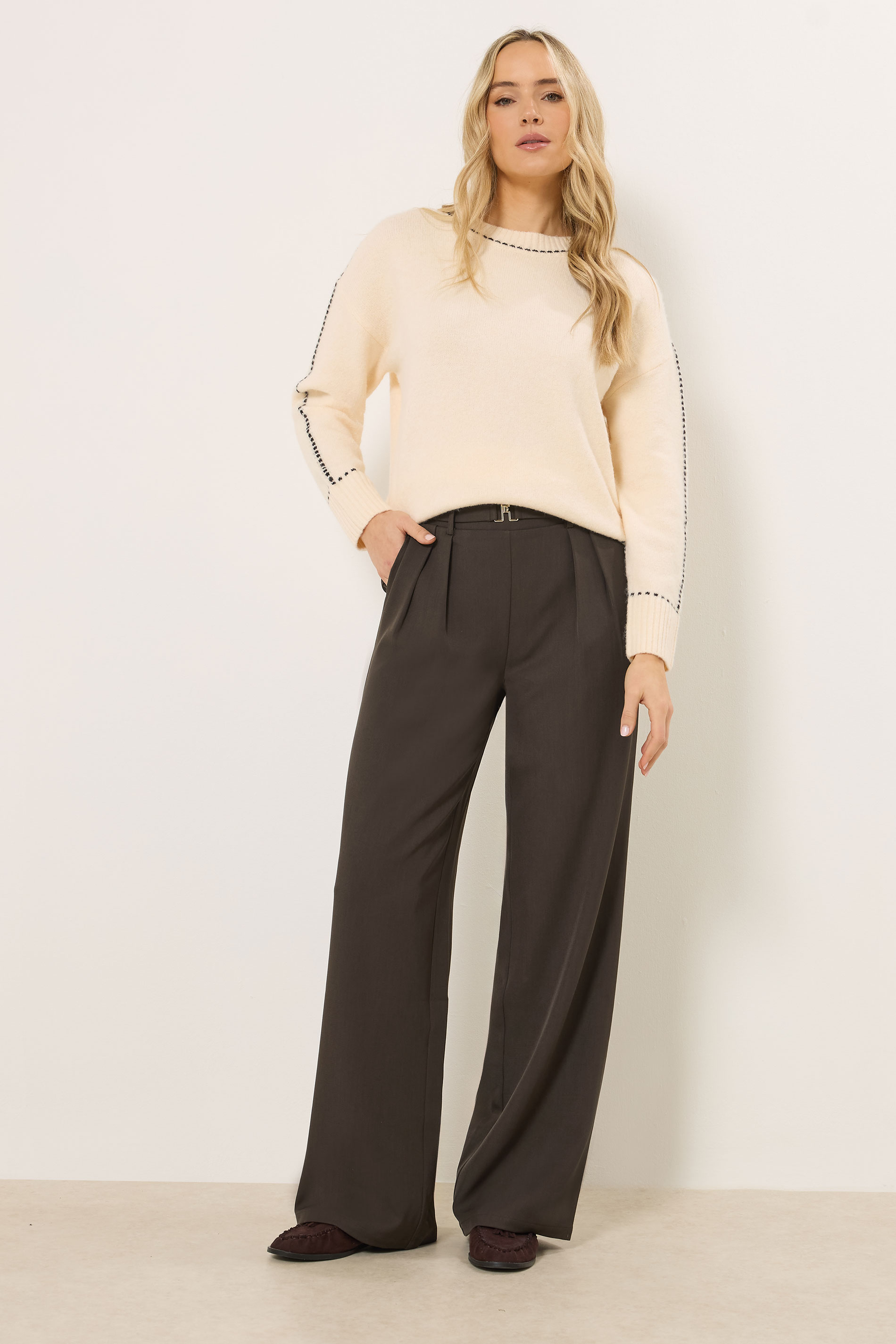 LTS Tall Women's Chocolate Brown Buckle Wide Leg Trousers | Long Tall Sally 3