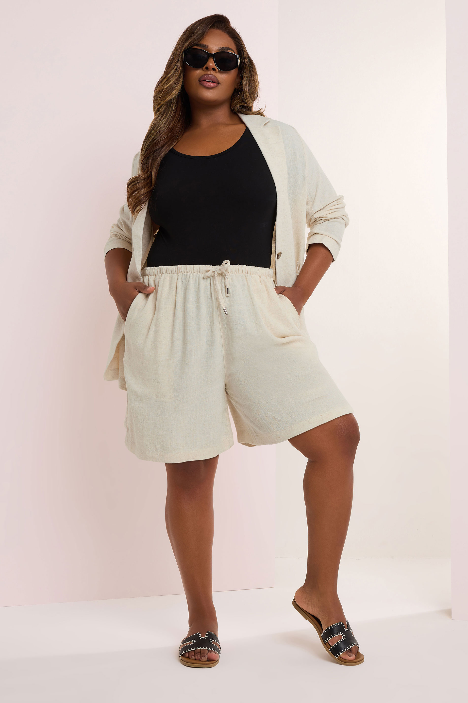 YOURS Plus Size Natural Brown Tie Front Linen Shorts | Yours Clothing 1
