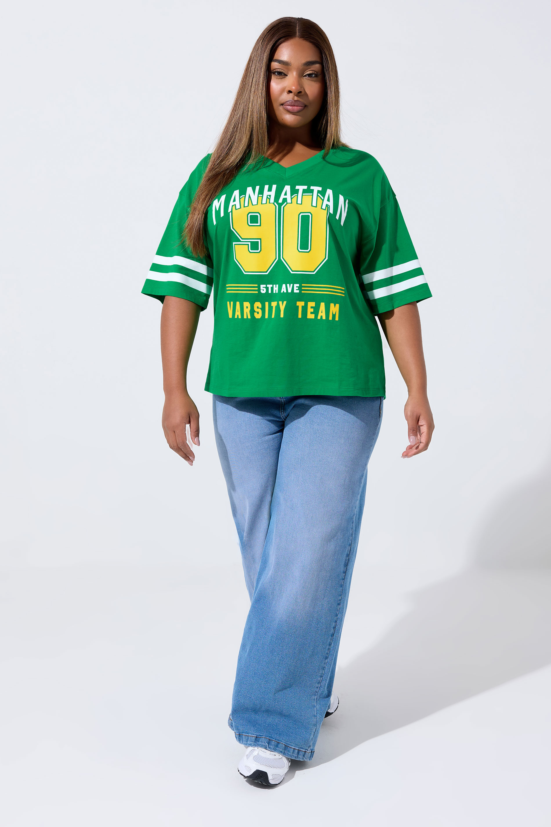 LIMITED COLLECTION Plus Size Green 'Manhattan 90' Varsity Print T-Shirt | Yours Clothing 1