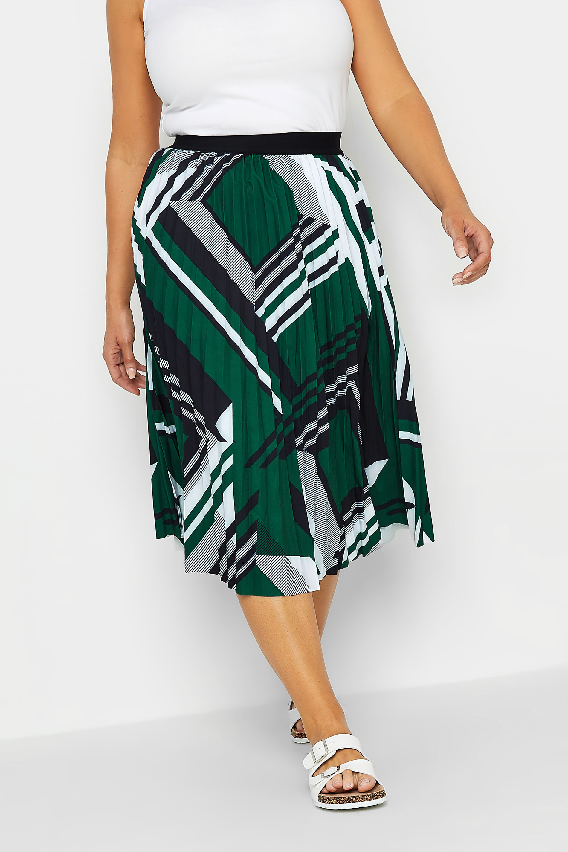 M&Co Green Geometric Print Pleated Midi Skirt | M&Co 1